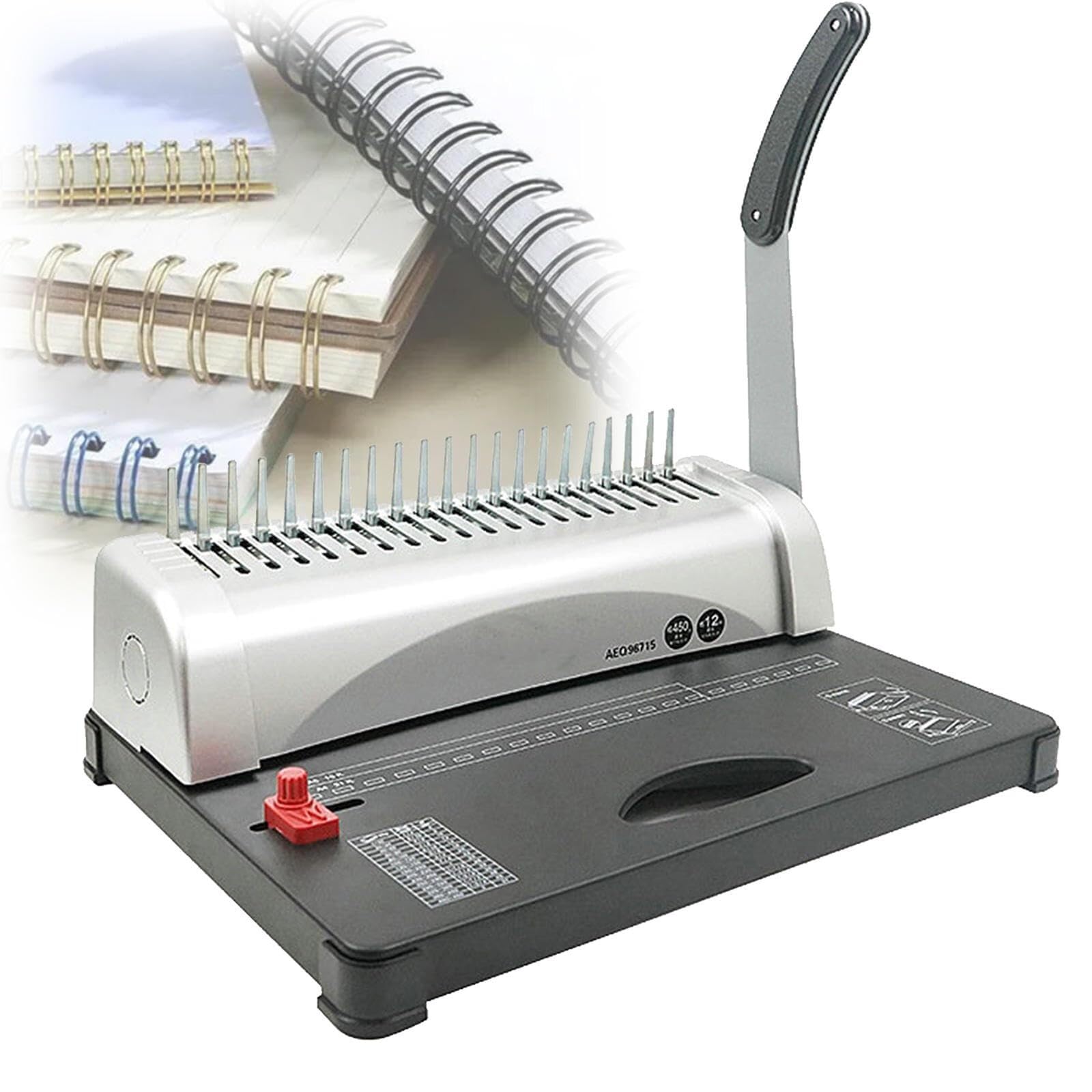 Rilegatrice a pettine a 21 fori, perfora 12 fogli e rilega fino a 450 pagine, for documenti A4, report e calendari, rilegatura manuale for uso domestico, ufficio e scuola