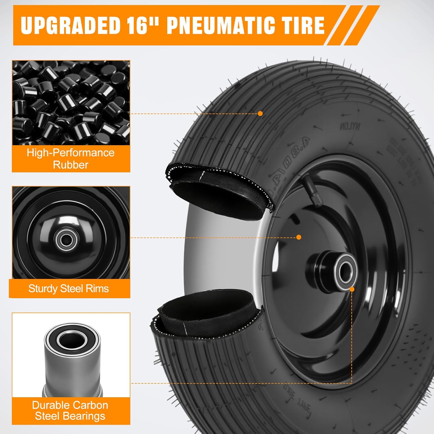 Yesker 4.80/4.00-8" Tires and Wheels Pneumatic, 16" Inflated Air Replacement Tire Wheel with 5/8" Axle Bore for Wheelbarrow, Gorilla Cart, Trolley, Garden Scooter Cart, 2 Pack