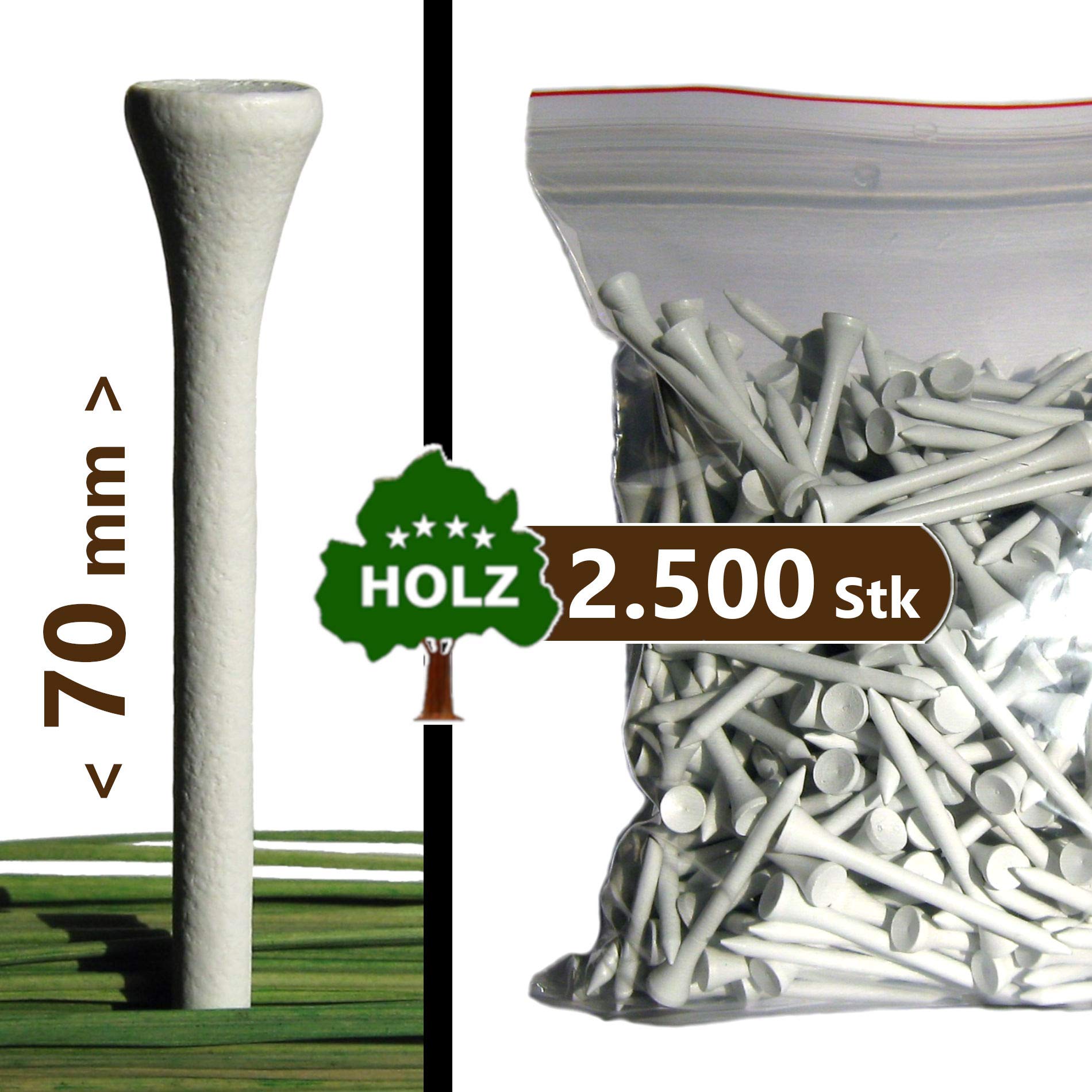 Golf TEES - 70 mm (2 3/4") - 2500 Stück - Holz - Farbe: weiß