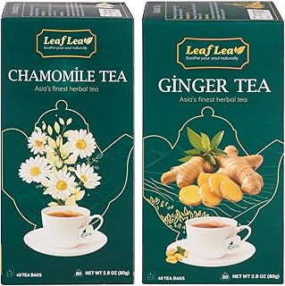 LeafLea Chamomile & Black Tea, Ginger Green Tea Blend, Natural Chamomile Flowers, Distinctive Black Tea, Green Tea with Gi...