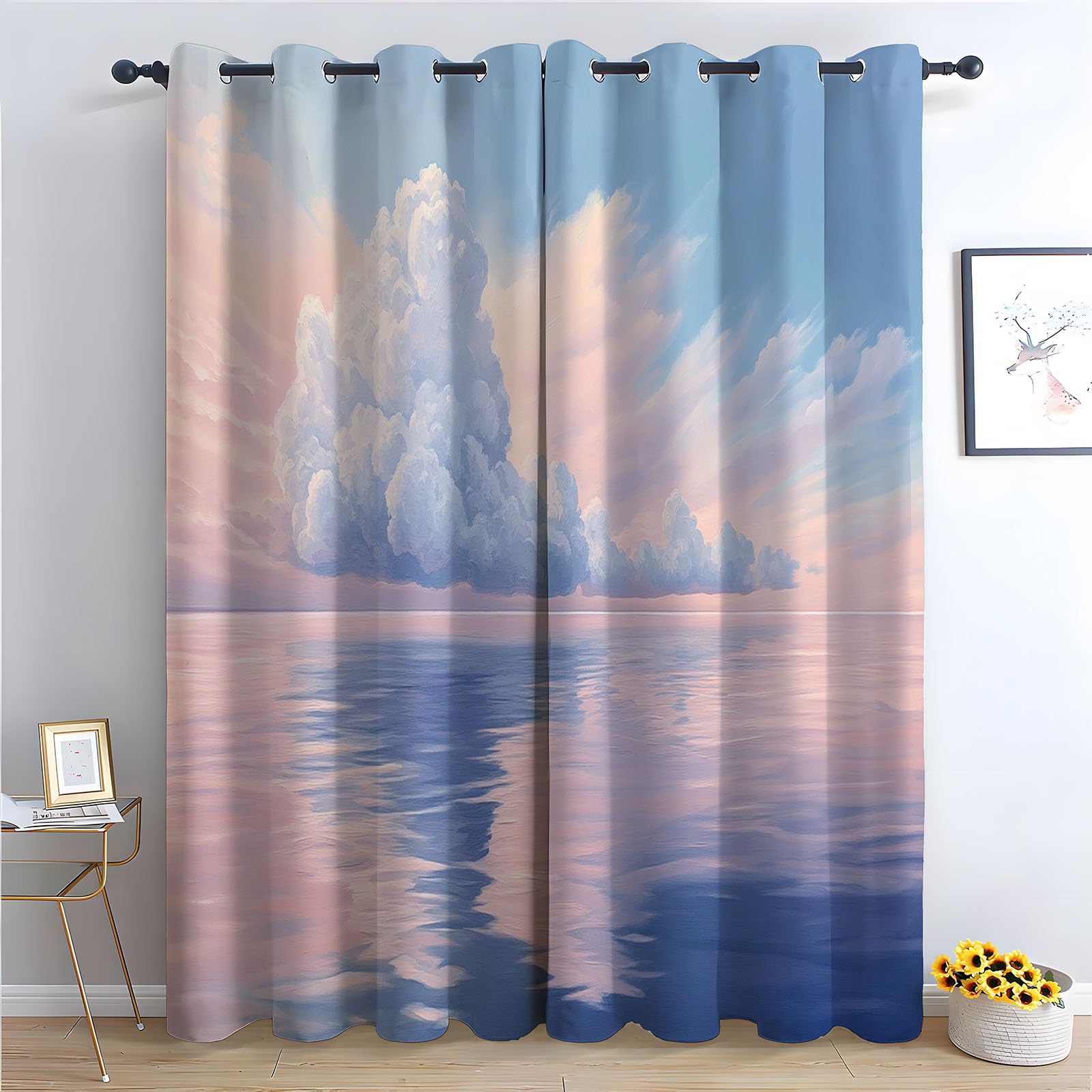 WIKEO Boho Floral Blackout Curtains Natural Seascape pattern for Living Room Thermal Insulated Curtain Eyelet Curtain for Baby Nursery Bedroom, Two Panels-52 W x 96" L (Pack of 2)