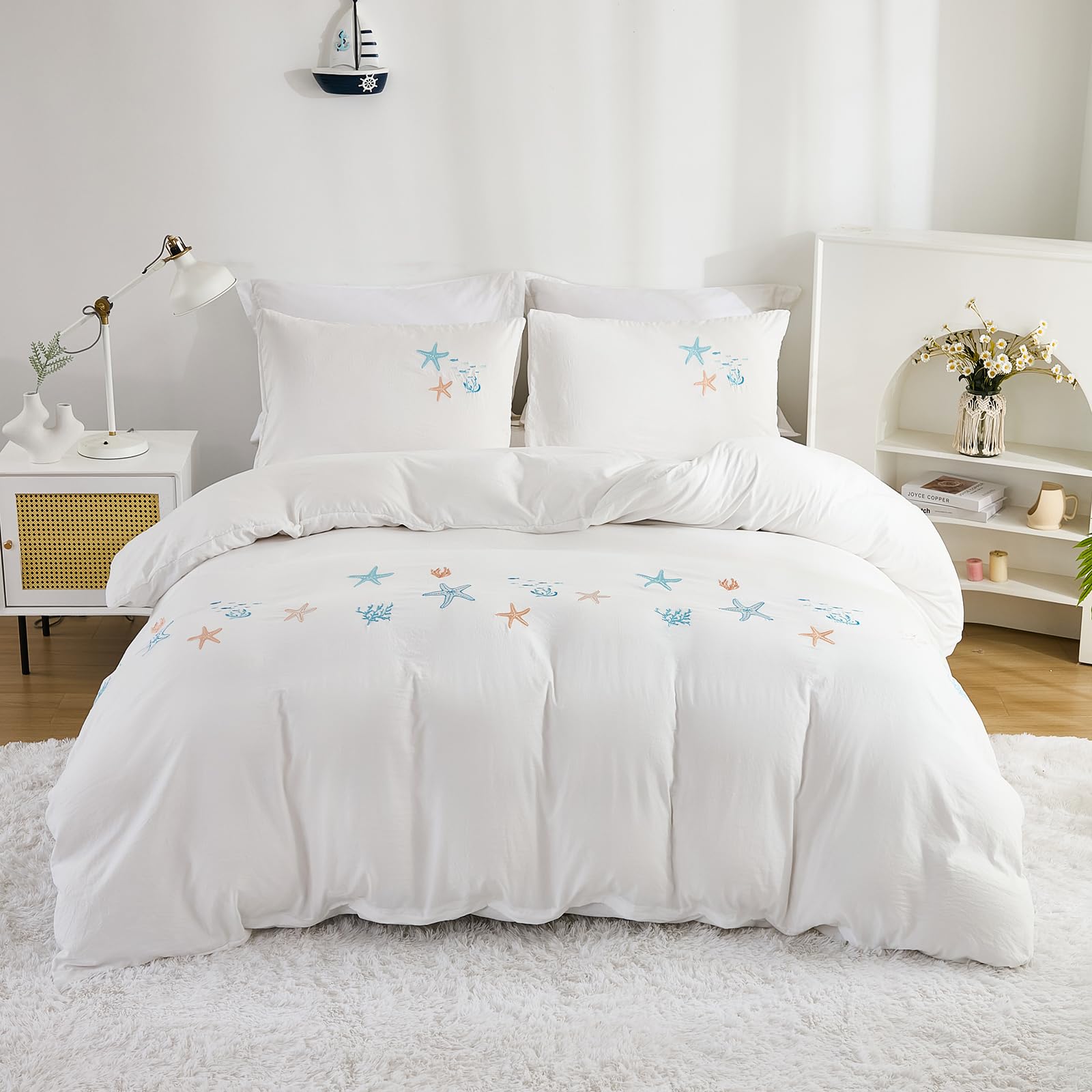Merryword Set di biancheria da letto king size con ricamo oceano stella marina