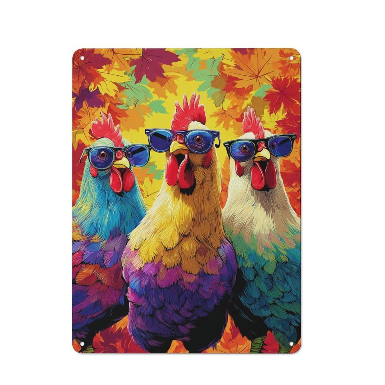 Junmoney Colorful Roosters In Sunglasses Tin Wall Plaque 40X30cm With For Dining Room Or Kitchen, Tin Sign Wall Decor For Kitchens And Dining Spaces
