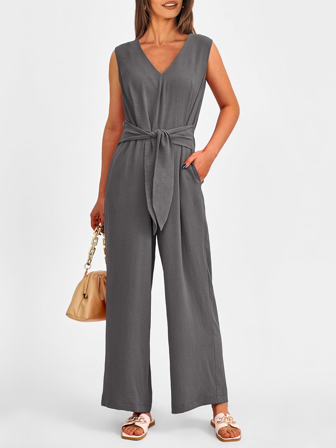 PRETTYGARDEN Summer Outfits 2025 Wide Leg Jumpsuits for Women Casual V Neck Sleeveless Belted High Waist Long Pants Rompers - Image 3