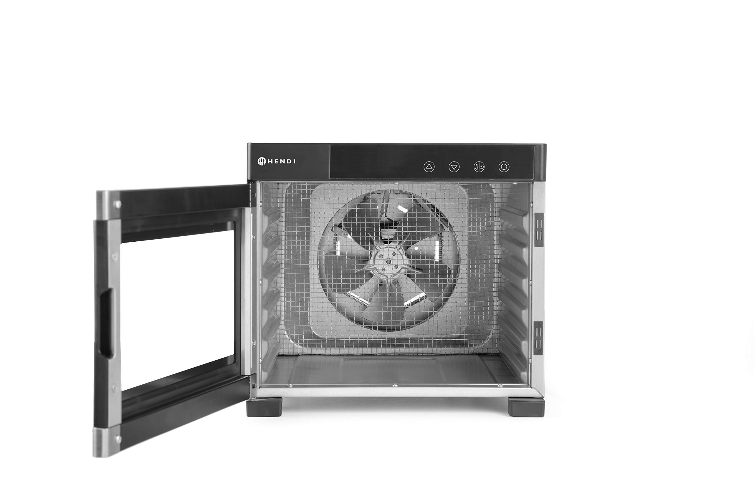 HENDI Essiccatore alimentare, con 6 griglie, per l’essiccazione di frutta, verdura e carne, timer, intervallo di temperatura da 35º a 75ºC, 230V/600W, 340x450x(H)311mm, acciaio inossidabile