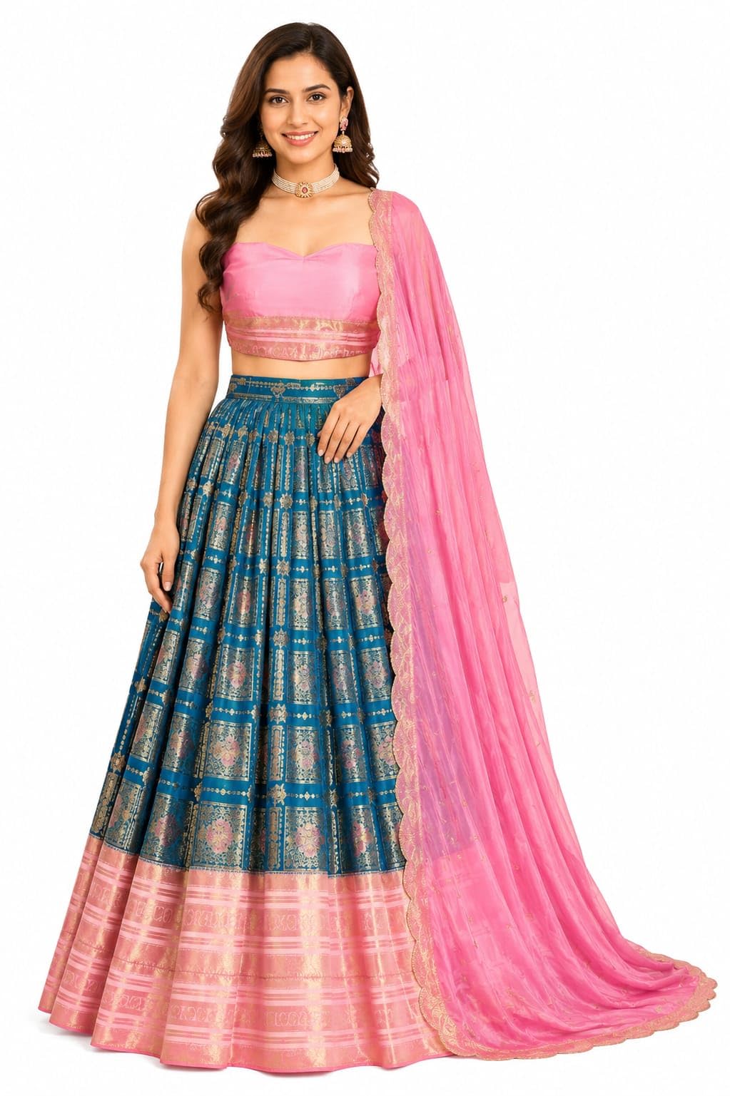 Women Premium Silk Lehenga Set | Rama Blue & Baby Pink Dhavani Set | Stitched Skirt & Dupatta with Unstitched Blouse | Can Can Attached-image-17