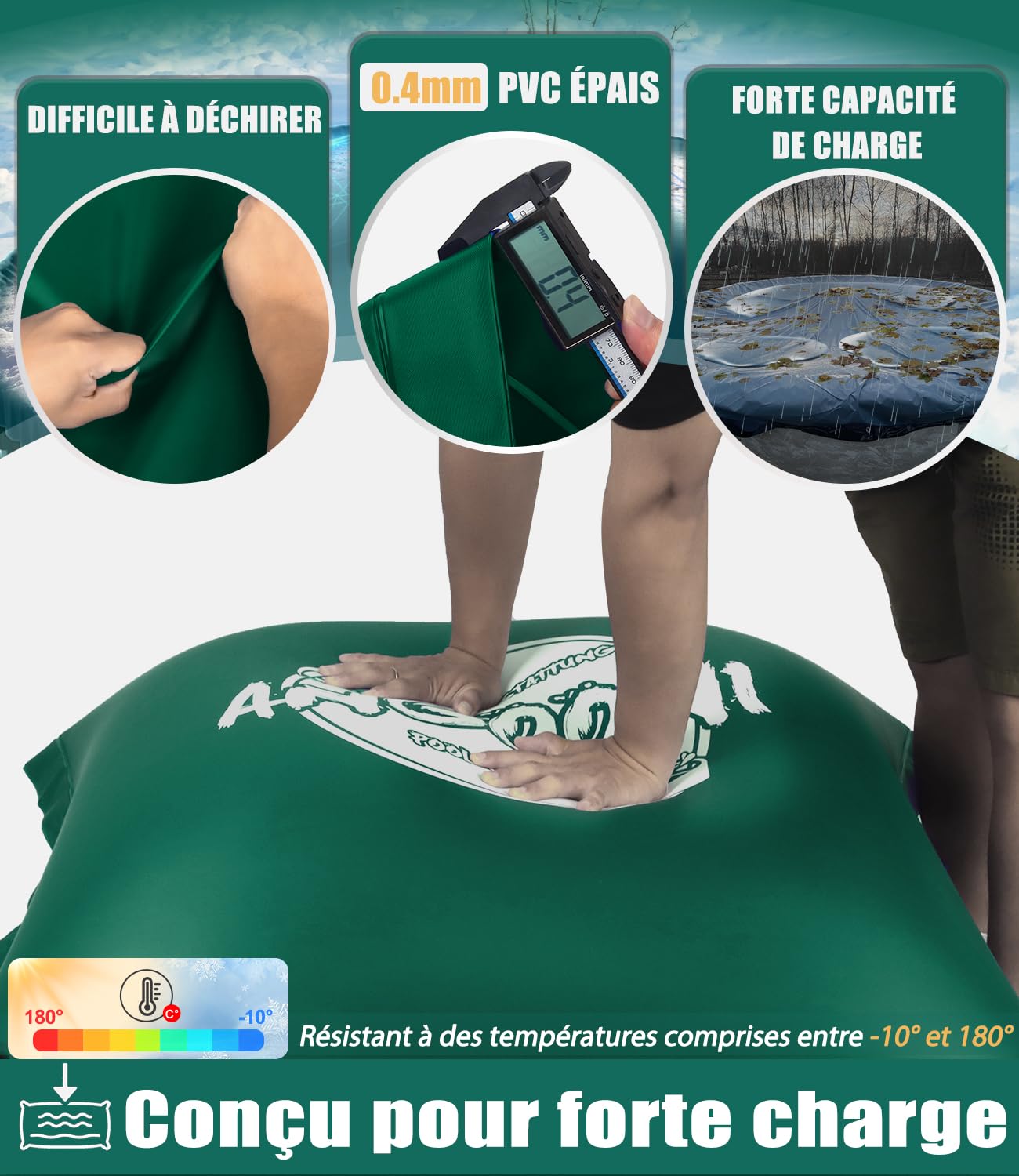 Coussin Piscine hivernage XXL 6 pièces - 120 x 120 cm - Ballon hivernage Piscine avec Double Couture pour recouvrir la Piscine - pour l'hiver - avec Valve Boston Dual-Inflation (Verte)