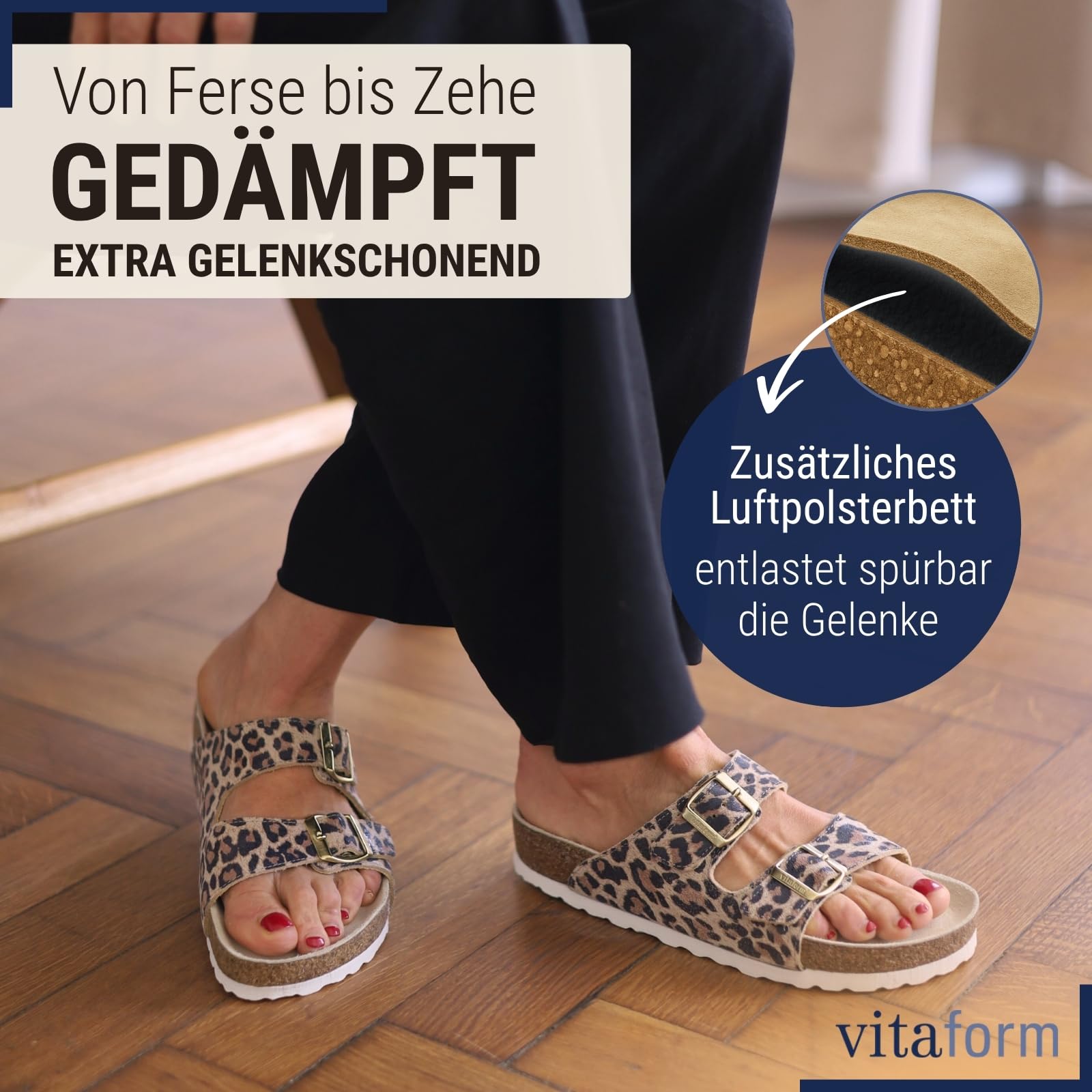 VITAFORM Pantoletten Damen Weite H Veloursleder | Sommerschuhe, Sandaletten, Sommersandalen, Naturkork-Fußbett, Komfortweite H, Größe 35-50, elegant, Handmade in Germany
