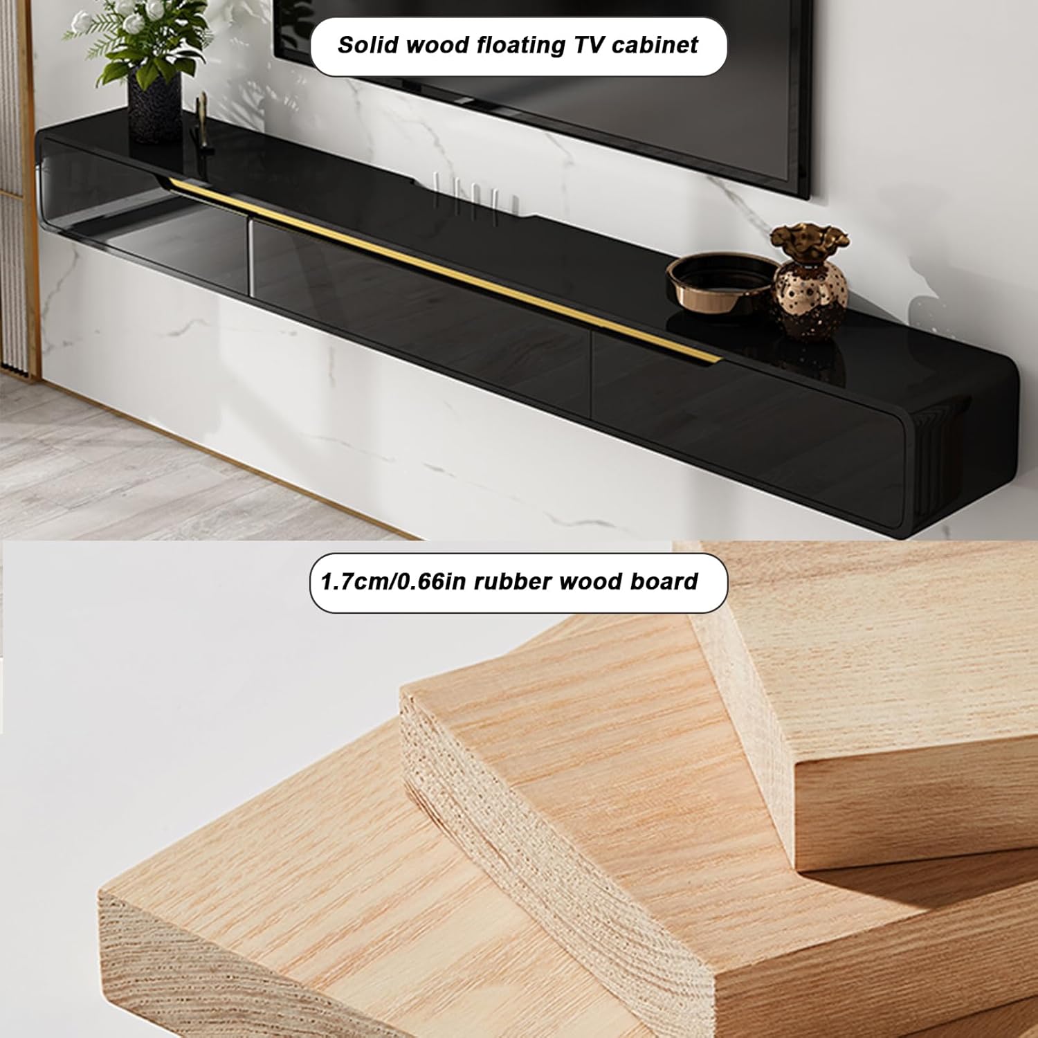 Solid Wood Floating TV Stand Wall Mounted,47.2" Black Floating Entertainment Center, Hanging TV Cabinet for Under tv, Floating Media Console Shelf for Living Room,Bedroom (DSGBLACK-A, 47.2IN)