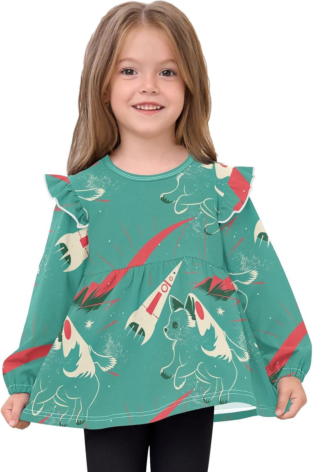 visesunny Toddler Clothes for Girls Cute Airship Flying Dog Long Sleeve Fall Shirts Cotton Top with Ruffle Collar