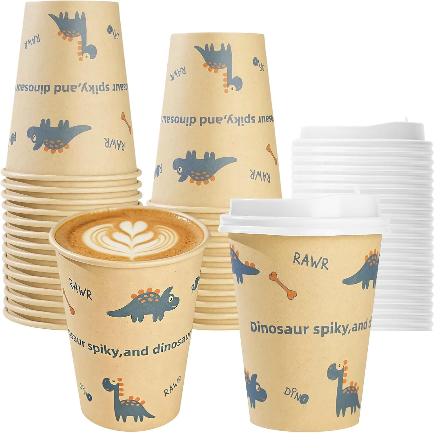 Cherrypick 12oz Disposable Coffee Cups with Lids - 25 Pack Leak-Proof Coffee Cup, Cute Dinosaur Paper Cups for Hot & Cold Drinks for Office Home Christmas, Birthdays Parties