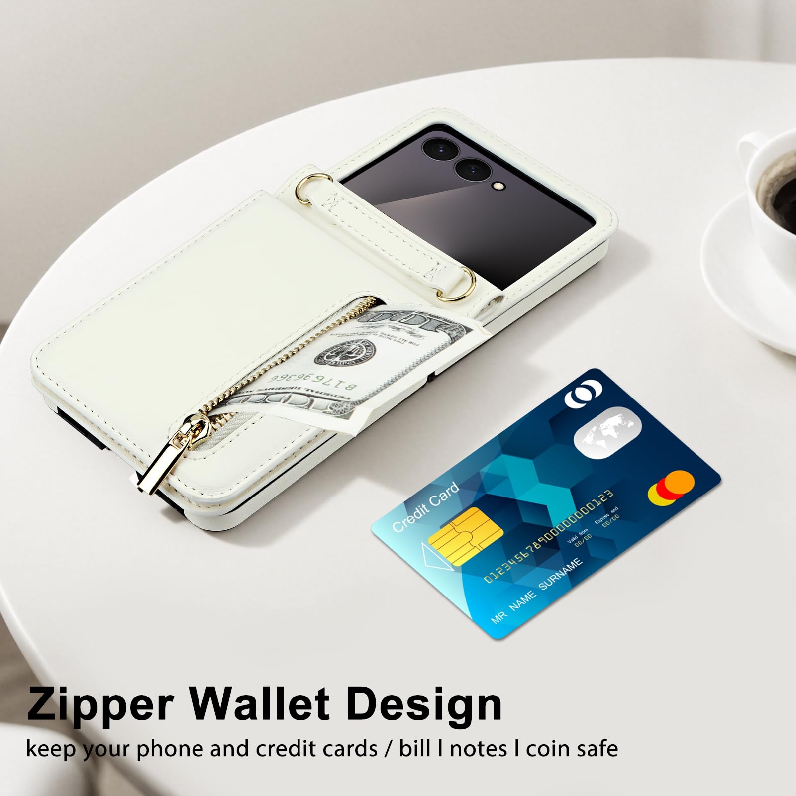 HianDier Custodia a portafoglio per Z Flip 7 con porta carte di credito per donne e ragazze, in pelle PU con slot per cerniera, tracolla staccabile, antiurto, custodia protettiva per Galaxy Z Flip 7