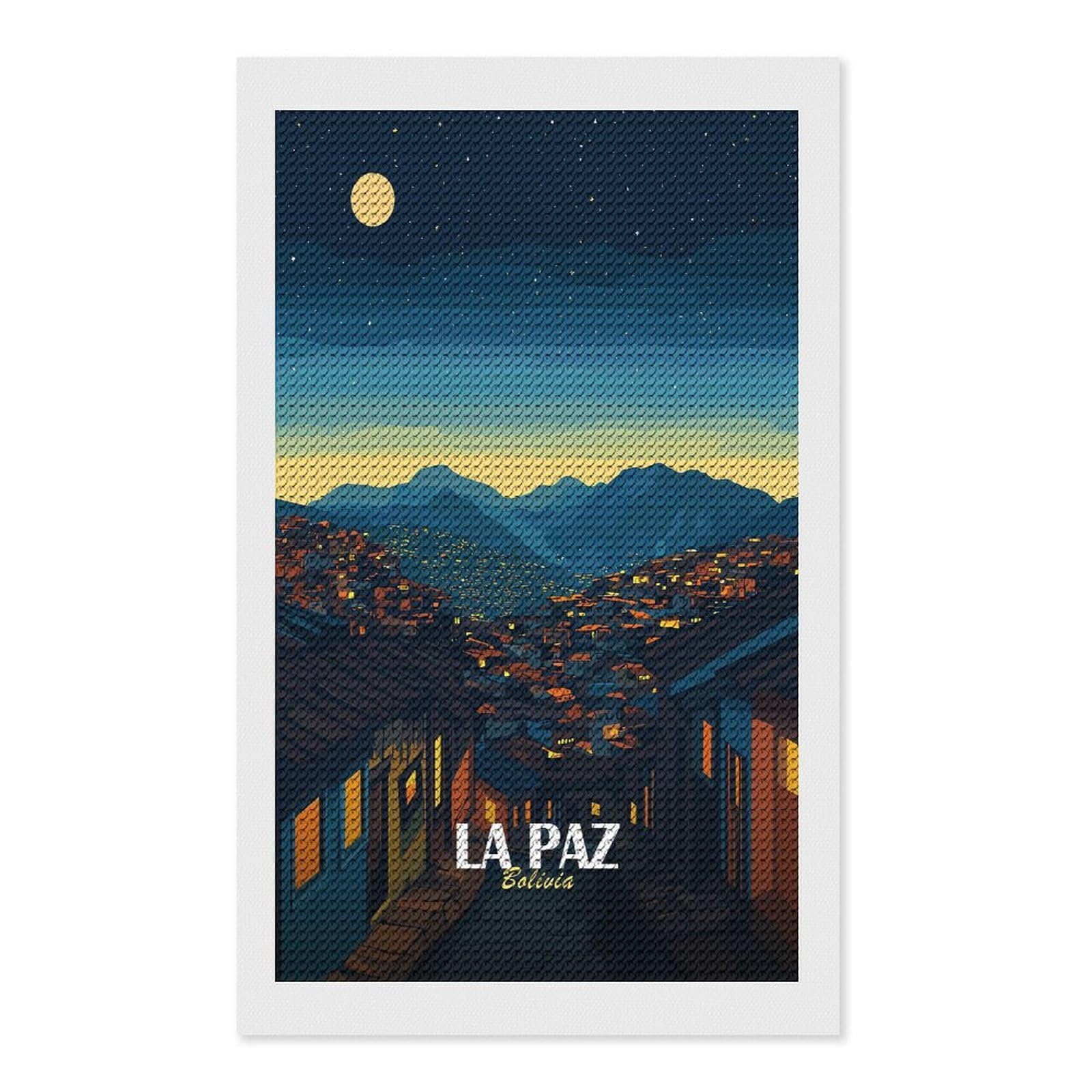 Junmoney La Paz, Bolivia Nightscape Illustration Crystal Diamond Art Kit 12"x20", Round Gems, Detailed Printed Canvas, Creative Gift Idea, Vintage Style Decor