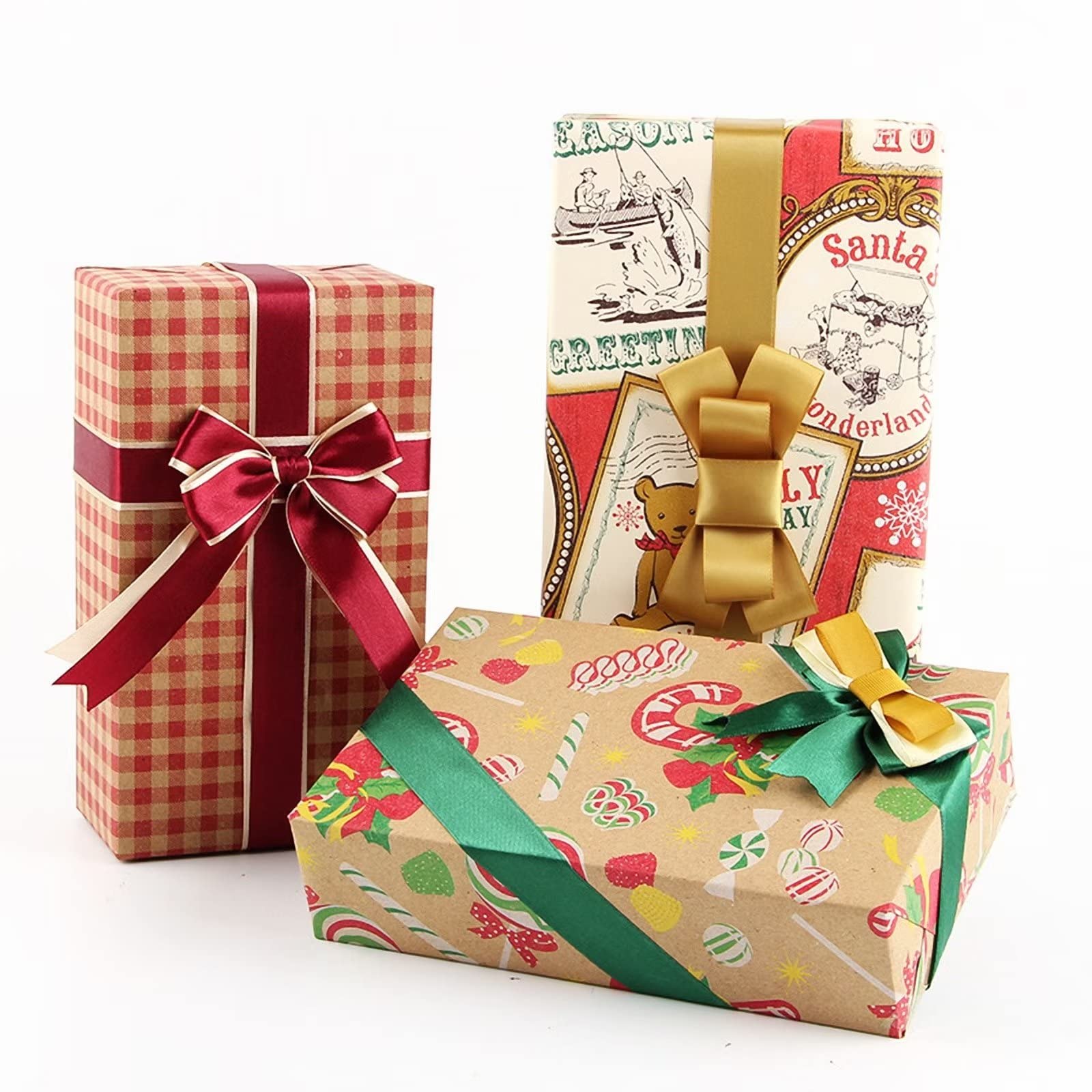 12 Rollen Geschenkpapier, Kraftpapier Weihnachten Süßigkeiten Büffel Spielen Weihnachtsmann Geschenkpapier mit Schnur, Aufkleber für Geburtstag, Babyparty, Urlaub, Party, 19,7 x 27,6 Pro Rolle, Rot