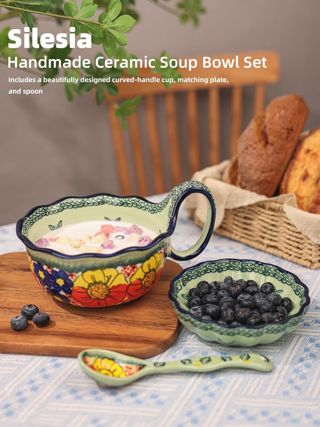 Handmade Ceramic Soup Bowl, Plate and Spoon Set, 30 Oz Hand Painted Bowl Set with Loop Handle, Floral Design Cereal Bowls for Soup, Ice cream, Snack, Microwave & Dishwasher Safe (Glazed Green)