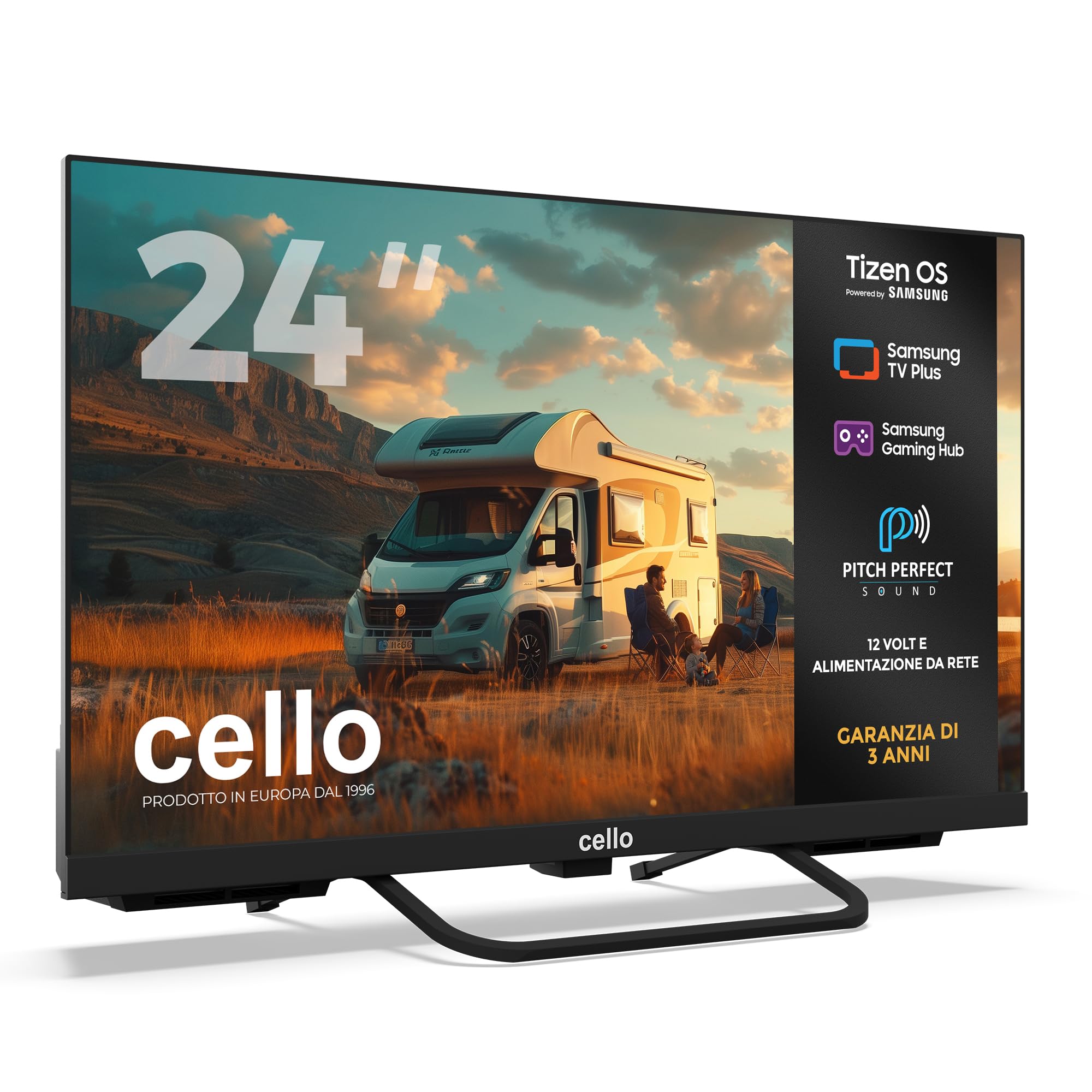 Cello CTRAV-24TZ Smart TV LED 24" 12V per camper e campeggio, Tizen OS di Samsung, Gaming Hub, altoparlanti Pitch Perfect, Bluetooth, triplo sintonizzatore