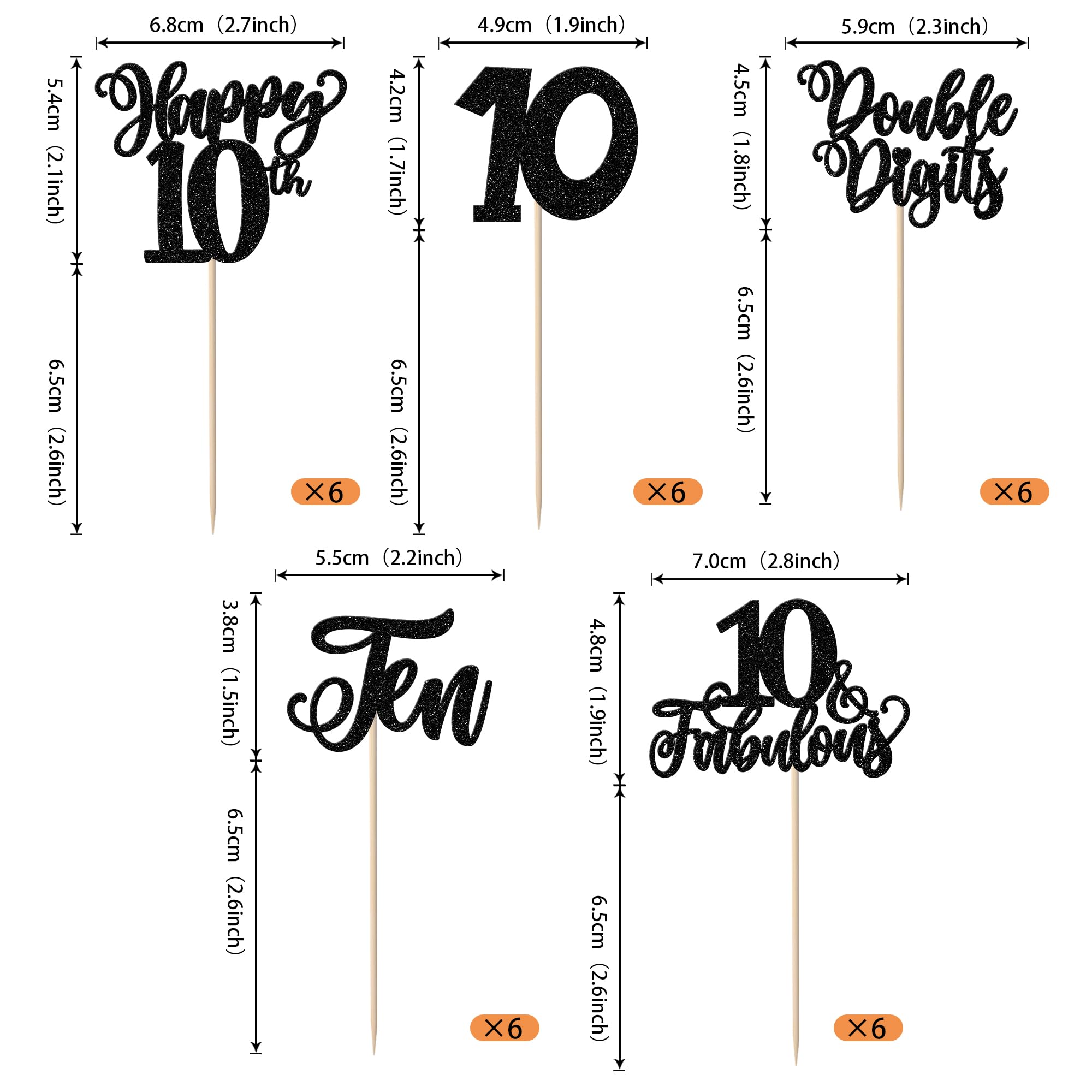 SYKYCTCY 30 Pack Happy 10th Birthday Cupcake Toppers Ten Double Dights Cupcake Picks 10 Fabulous Cupcake Decorations for 10th Birthday Anniversary Party Supplies Black - Image 2