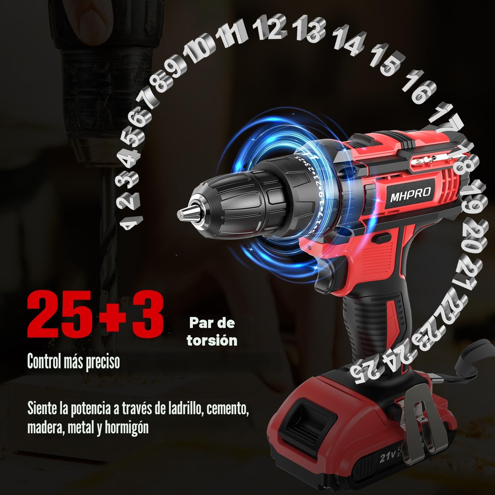 Taladro Percutor a Bateria 21V, MHPRO Taladro Atornillador con Batería 2.0Ah, Atornillador Electrico con 42Nm, 25+3 Ajuste de Par, 23 Accesorios, 2 Velocidad, LED Luz Para Hogar, Bricolaje