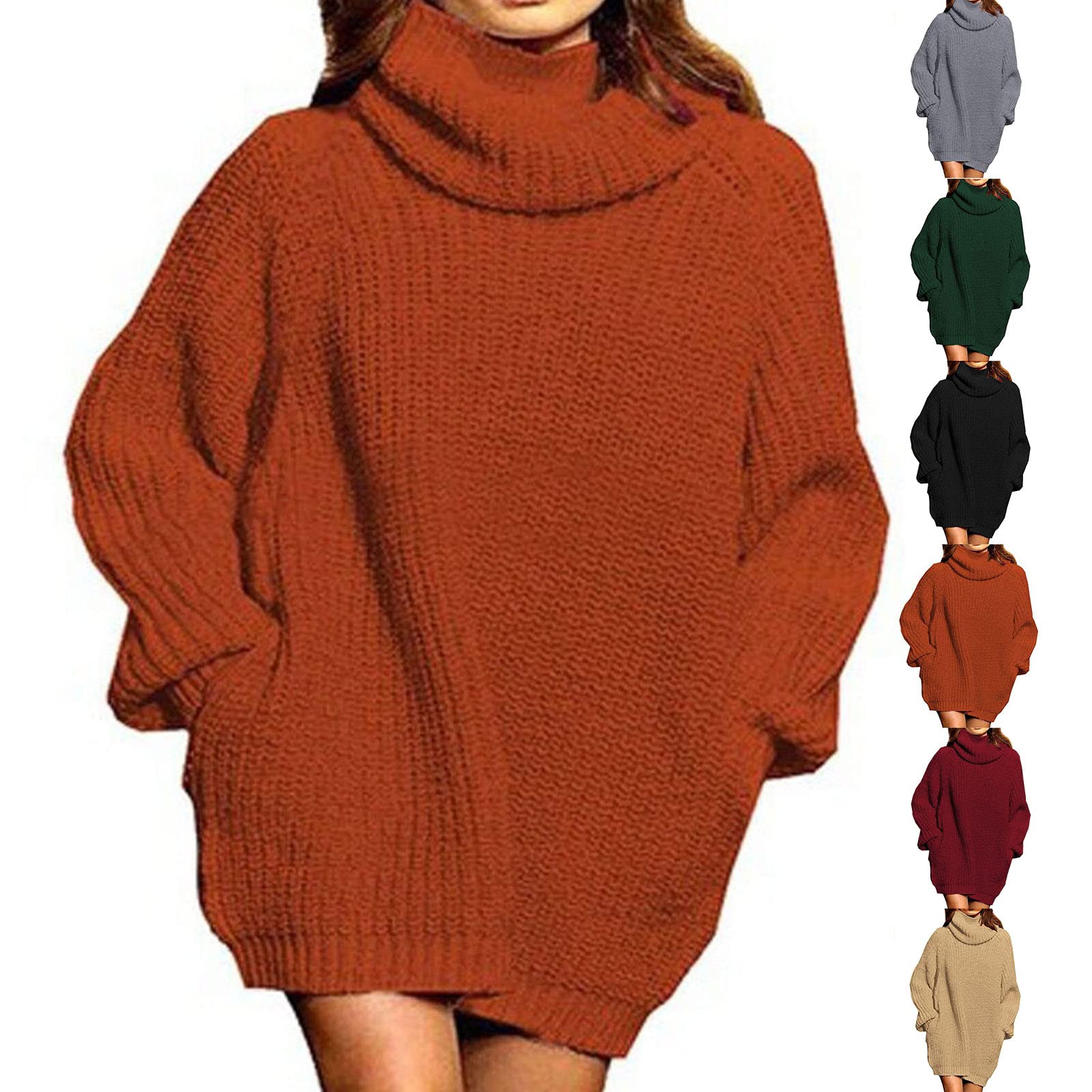 Robe Pull à col roulé Robe Pull à Manches Longues Pull à Col Roulé Robe Femmes à Manches Longues Surdimensionné Décontracté Pull en Tricot Pull Hauts pour L'automne Hiver(XL-Rouge brunâtre)
