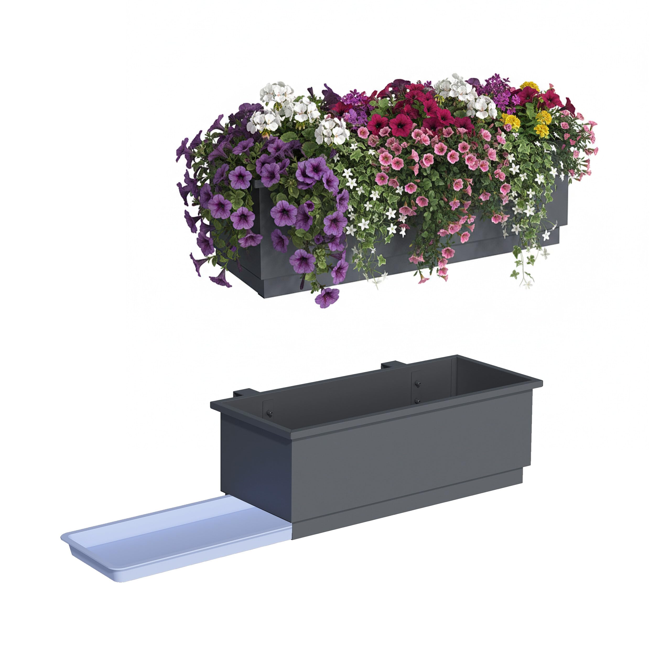 Relaxdays Balkonkasten 2er Set, für Geländer, HBT: 17x50x19 cm, Blumenkasten mit Drainage & Schale, Stahl, anthrazit