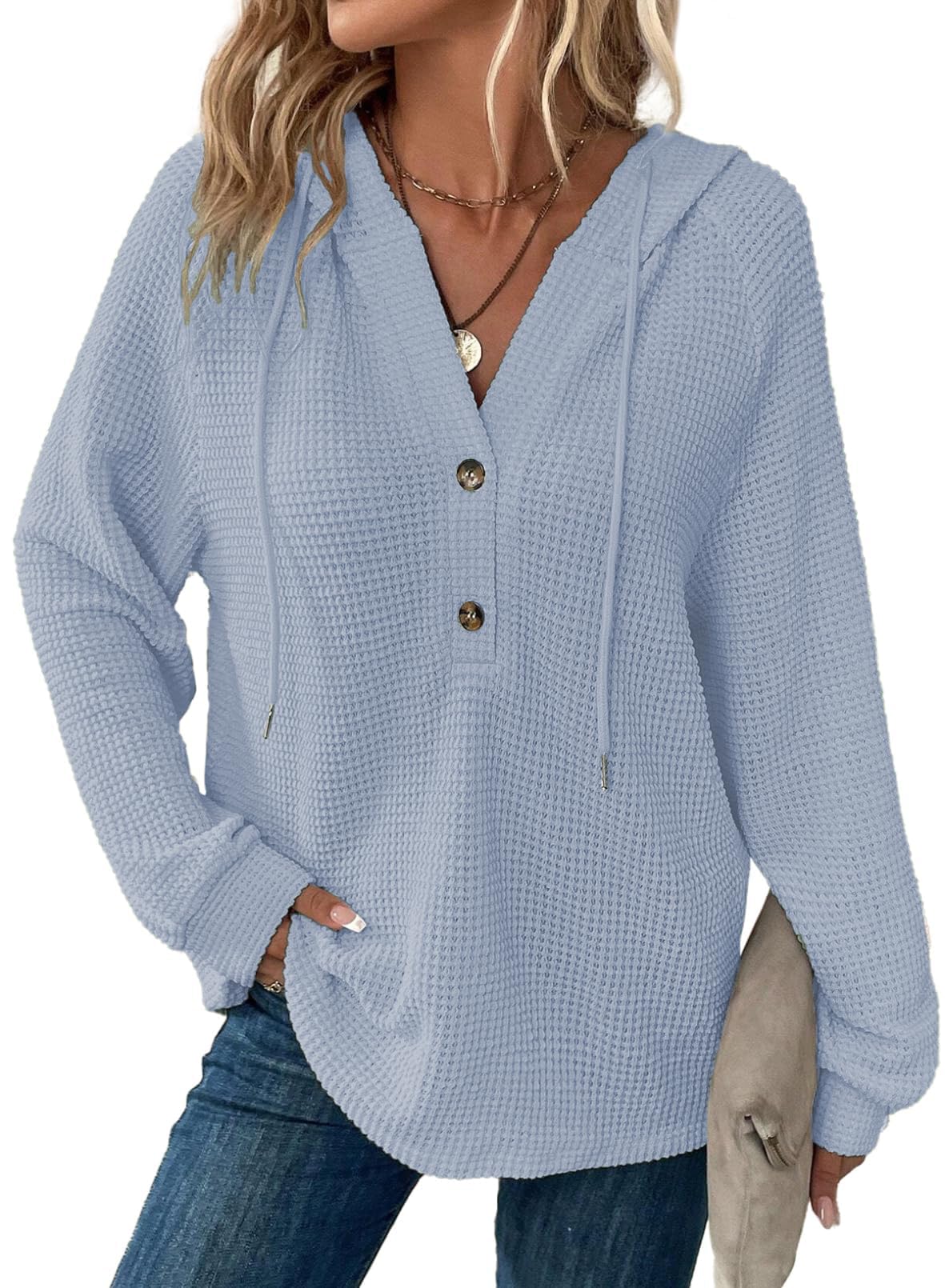Cuptacc Sweat Femme Manche Longue Col V Boutonné Pull Oversize Cordon Waffle Sweat à Capuche Femme