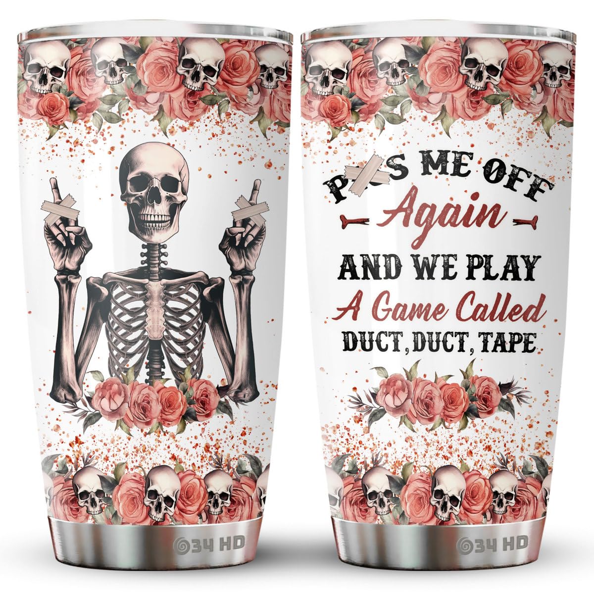 34HD Roses Skull Tumbler with Lid, 20 Oz Stainless Steel Vacuum Insulated Skeleton Coffee Cup, Sugar Skull Mug, Skeleton Gifts for Women Birthday Mothers Day Halloween Christmas