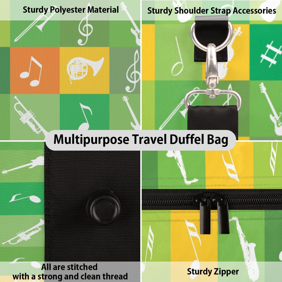 Grid Abstract Guitar Notes Travel Duffel Bag for Women Men Large Capacity Overnight Weekender Bags for Lightweight Waterproof Sport Gym Bag for Workout Yoga Swim