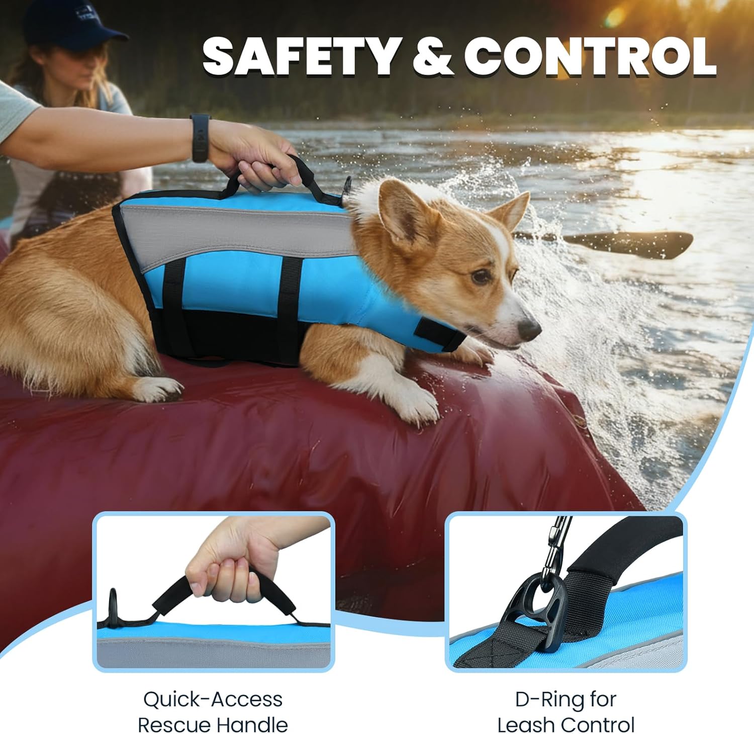 VIVAGLORY Front Float Dog Life Vest, Dog Life Jacket for Swimming & Boating, Swimming Vest with Chin Float & Handle, Ripstop & Buoyancy for Puppy Doggy, S, Blue