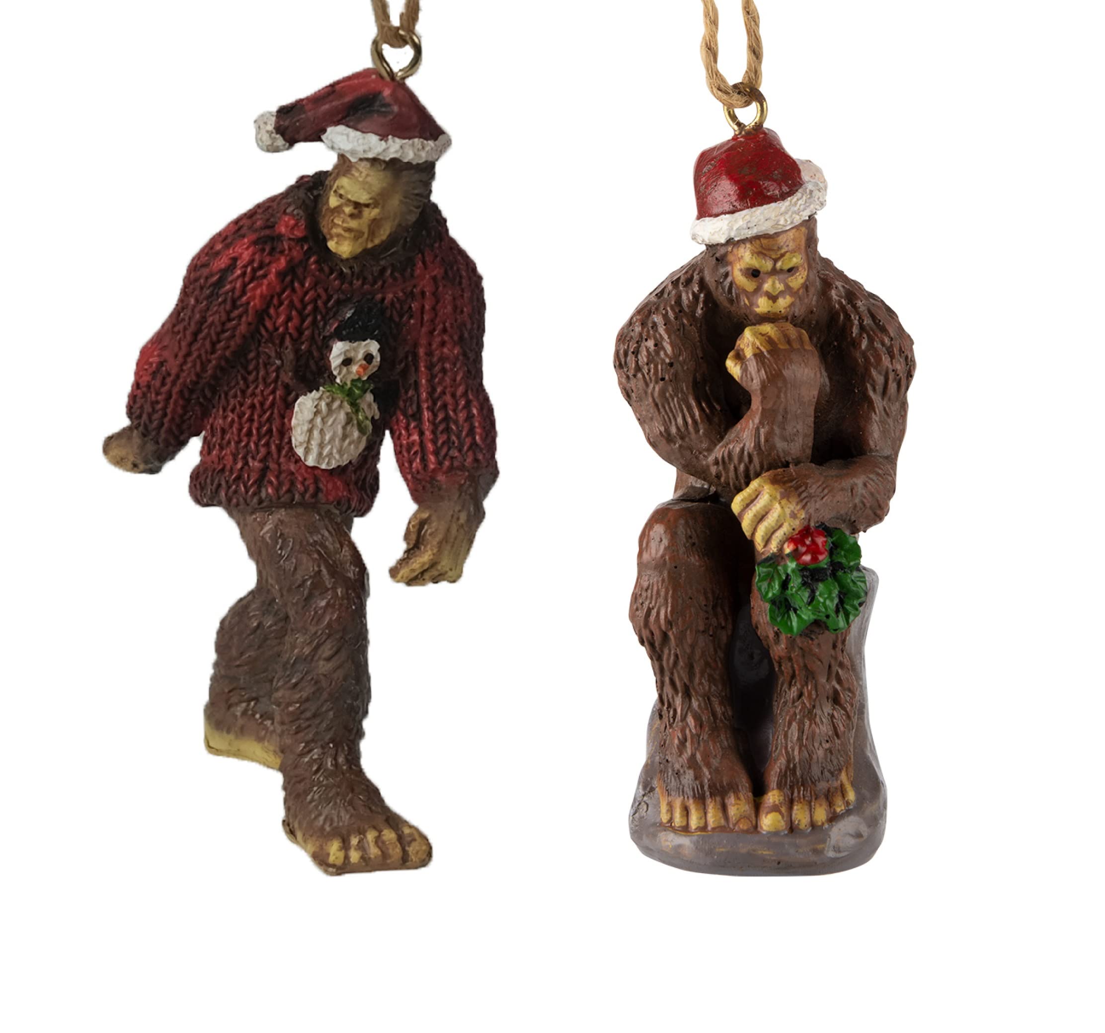 BELLA HAUS DESIGNBigfoot Christmas Tree Ornament 2pc Combo Set| Tree Resin Figurine Set Includes Bigfoot Wearing Ugly Christmas Sweater and Bigfoot The “Thinker” Christmas Tree Décor | Pack of 2