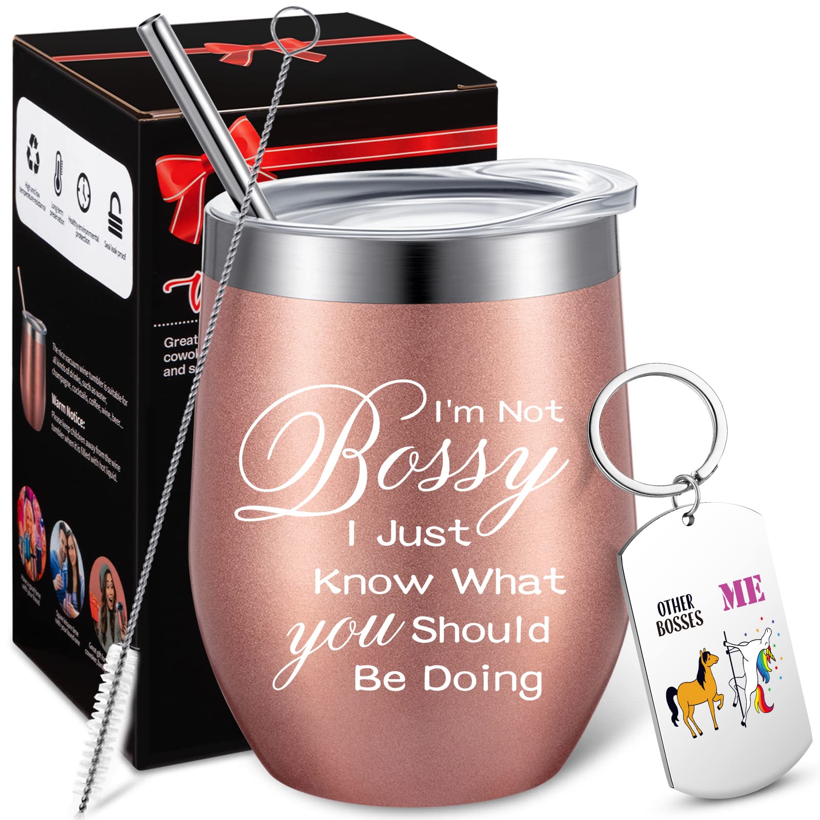Photo 1 of 2pack Geiserailie 2 Pieces Funny Boss Gifts I'm Not Bossy I Just Know What You Should Be Doing Wine Tumbler with Lid Brush Other Bosses Me Unicorn Boss Keychain Christmas Day Boss Day Gifts for Men Women
