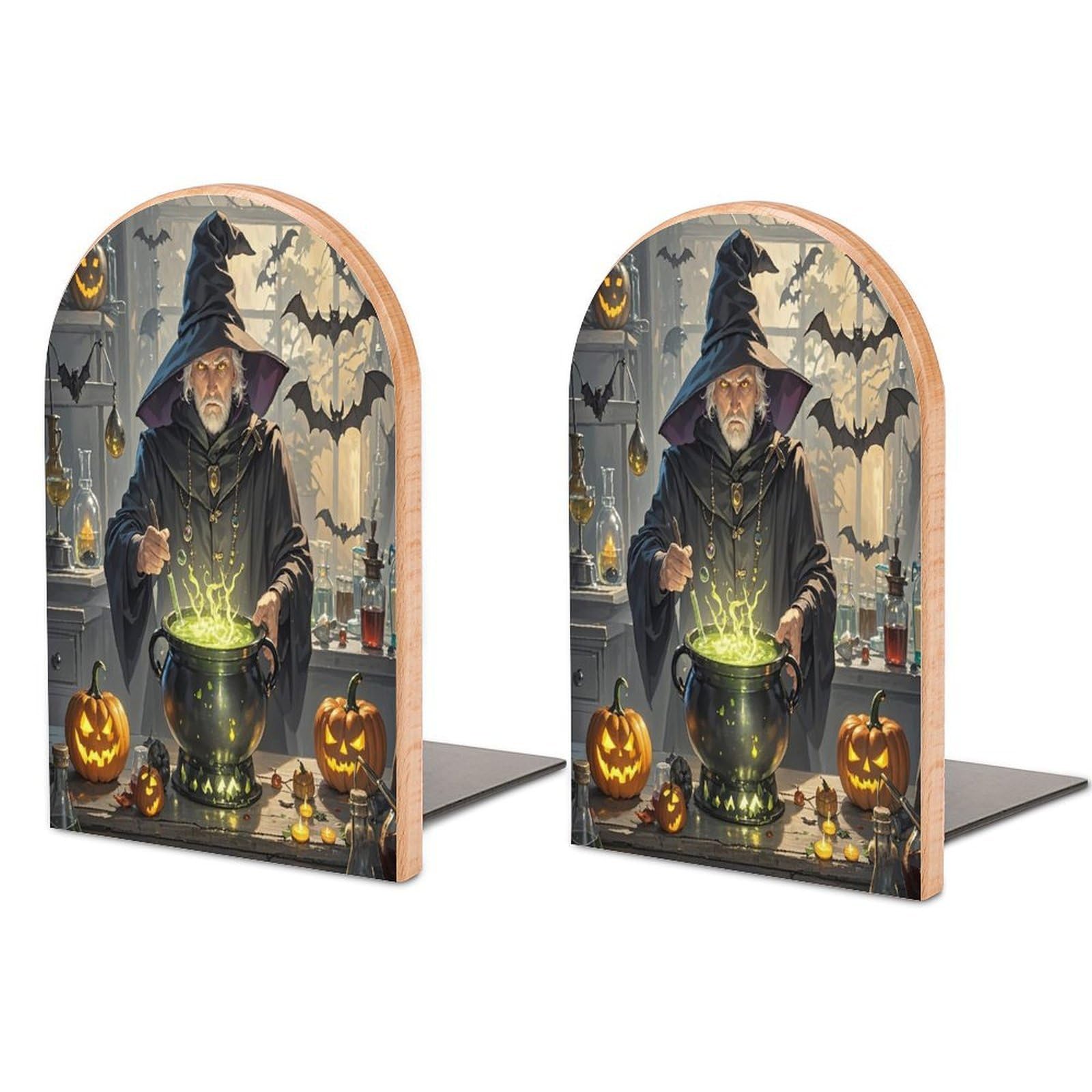 Magic Pumpkin Night Bookends 1 Pair Heavy Duty Book Ends for Shelves Non-Skid Bookend Supports Wooden Book Holders with Metal Base Desk Organizers Books Storage to Hold Books
