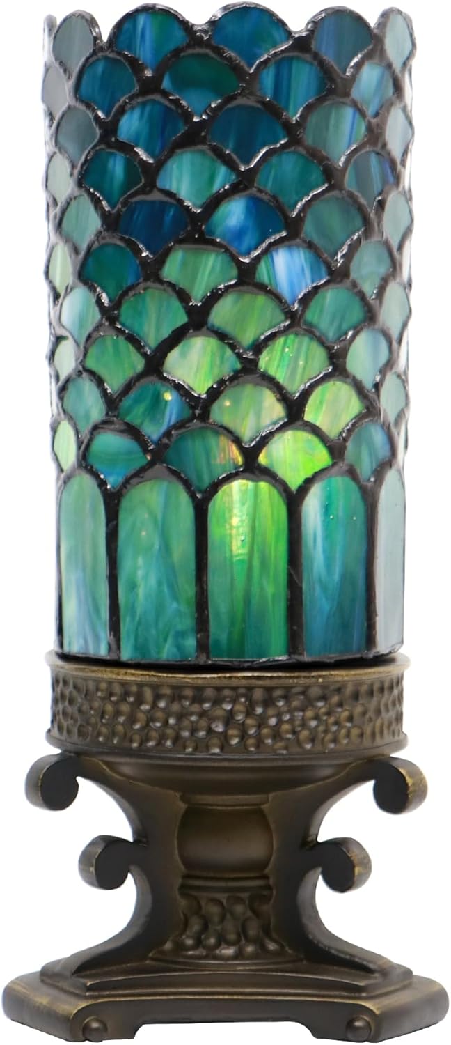 Small Tiffany Lamp Mini Stained Glass Table Lamp Candle Desk Night Light Bronze Resin Base 4" D x 4" W x 10.5" H (Fishscale Style)