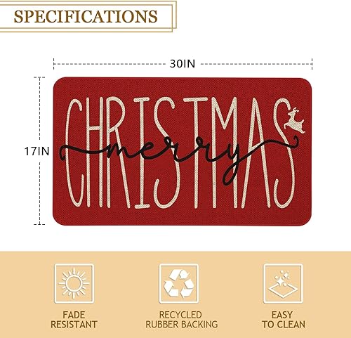 Miniatura 3 de Roszwtit Tapete rojo de puerta de Navidad de 30 x 17 pulgadas, tapete de puerta de alce de Feliz Navidad, tapete de entrada para interiores y