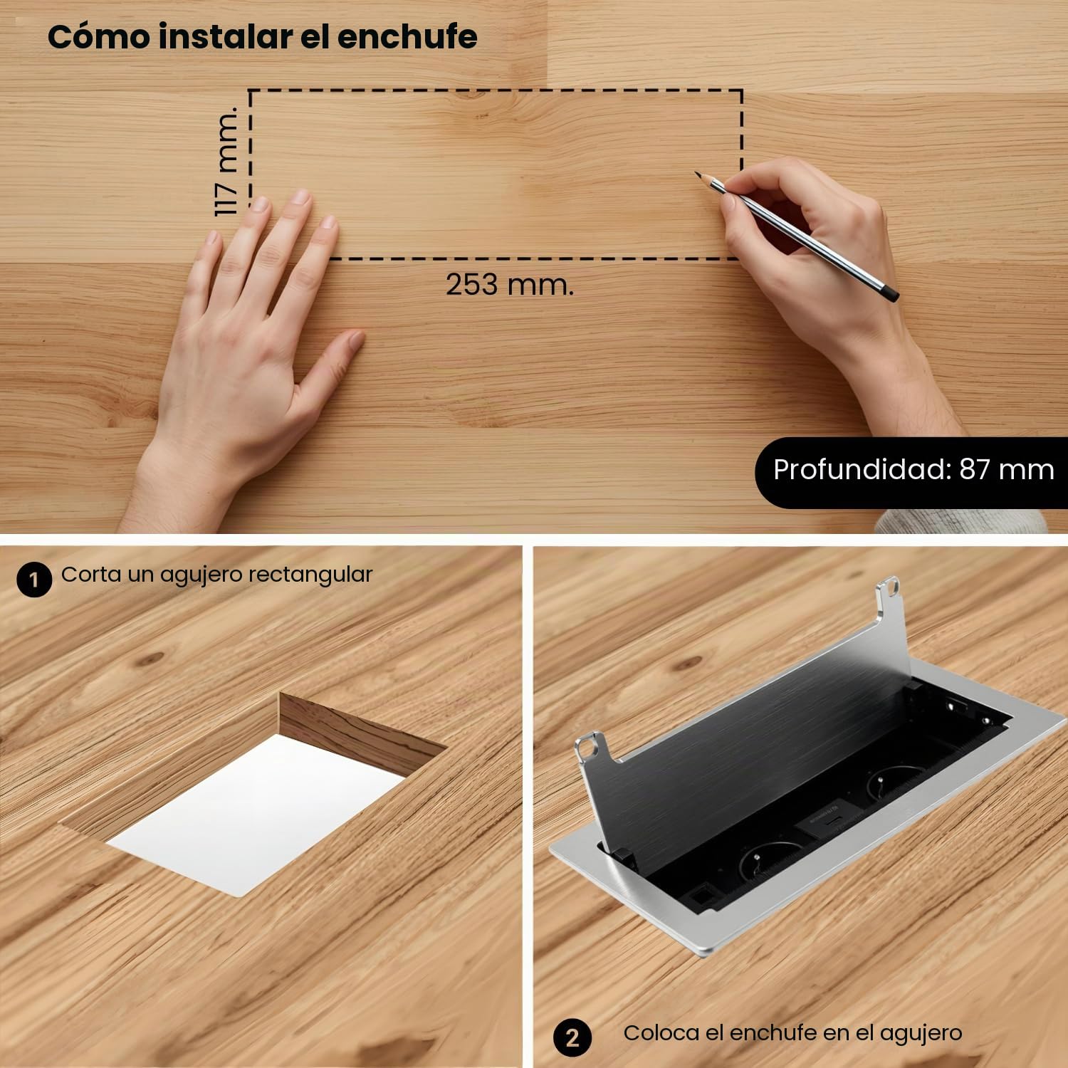EVOTRADE - Regleta empotrada (2 SCHUKO 2 USB (A+C) 1 HDMI 1 Rj45 Toma múltiple para escritorio (aluminio)