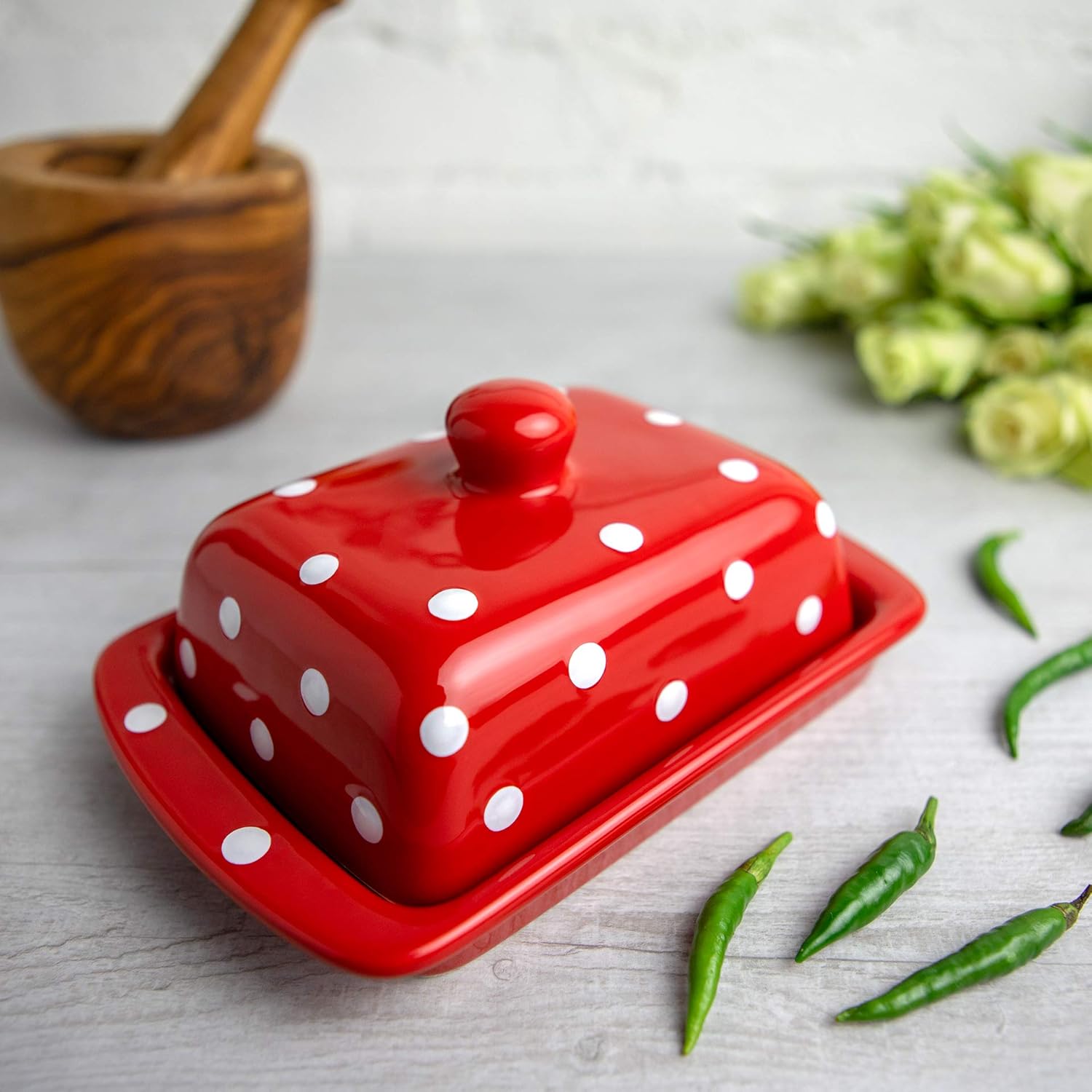 City to Cottage Large Butter Dish with Lid for Countertop, Ceramic Butter Keeper, Butter Container with Knob Handle, Butter Holder Tray with Cover, Handcrafted Red Polka Dot Butter Dish