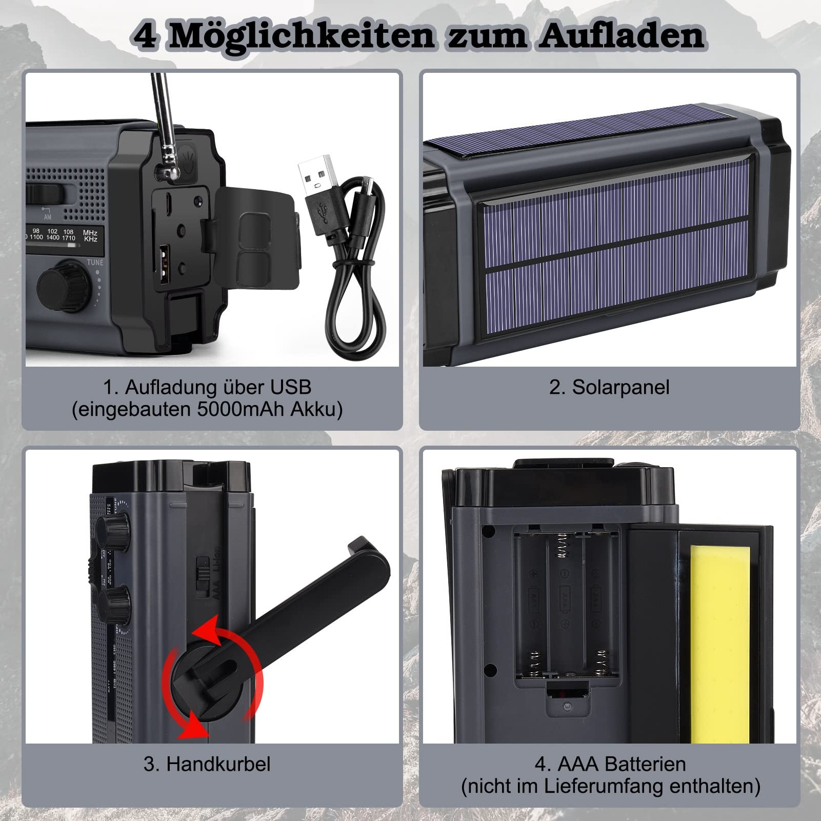 Nigecue - Radio solar, radio portátil con dínamo, radio con AM/FM, batería recargable de 5000 mAh, linterna LED de 3 modos, lámpara de lectura LED, alarma SOS para emergencias al aire libre, color