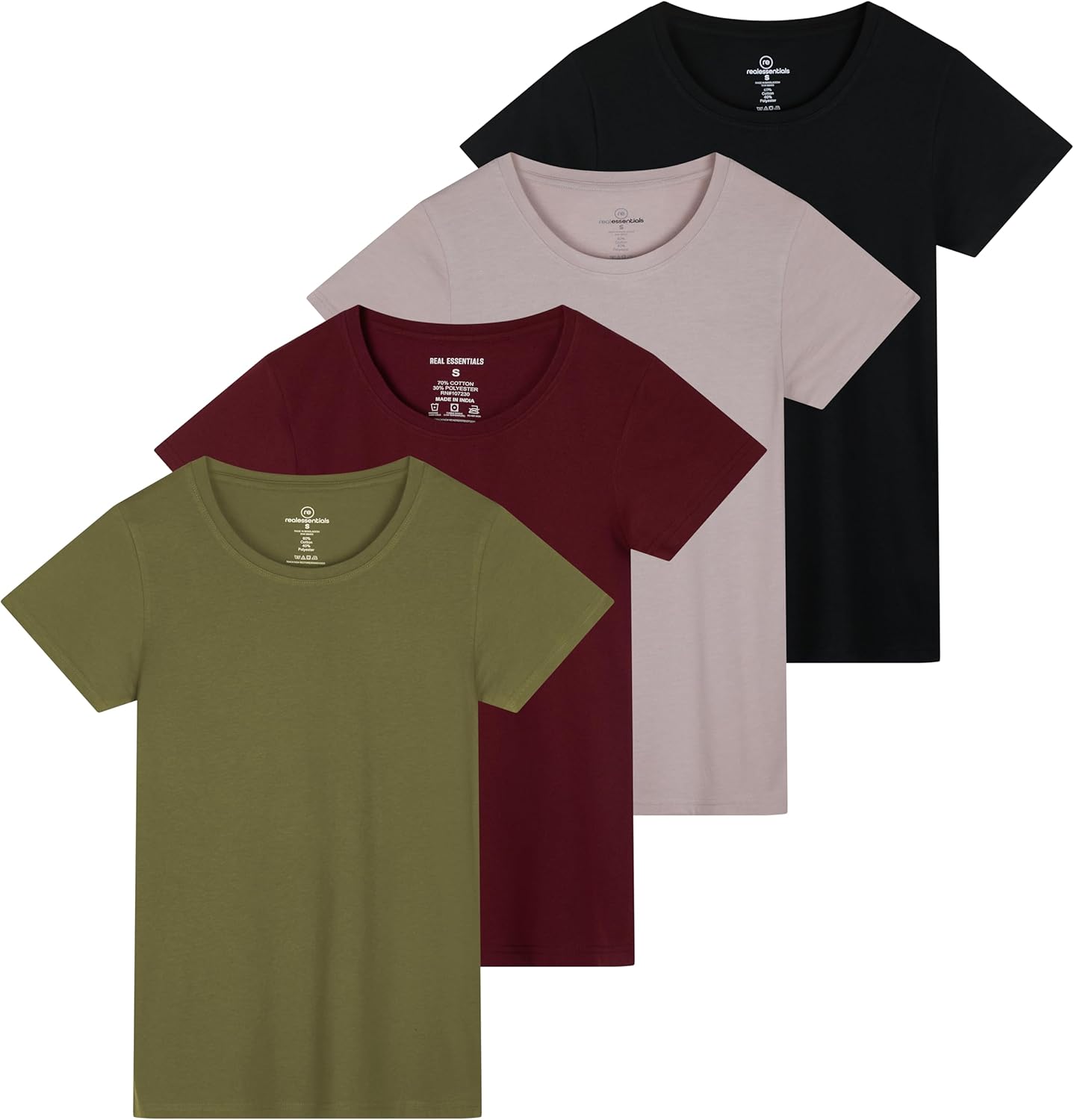 Real Essentials 4 Pack: Women's Cotton Short Sleeve T-Shirt - Casual Scoop Crew Neck Tops Tee (Available in Plus Size)
