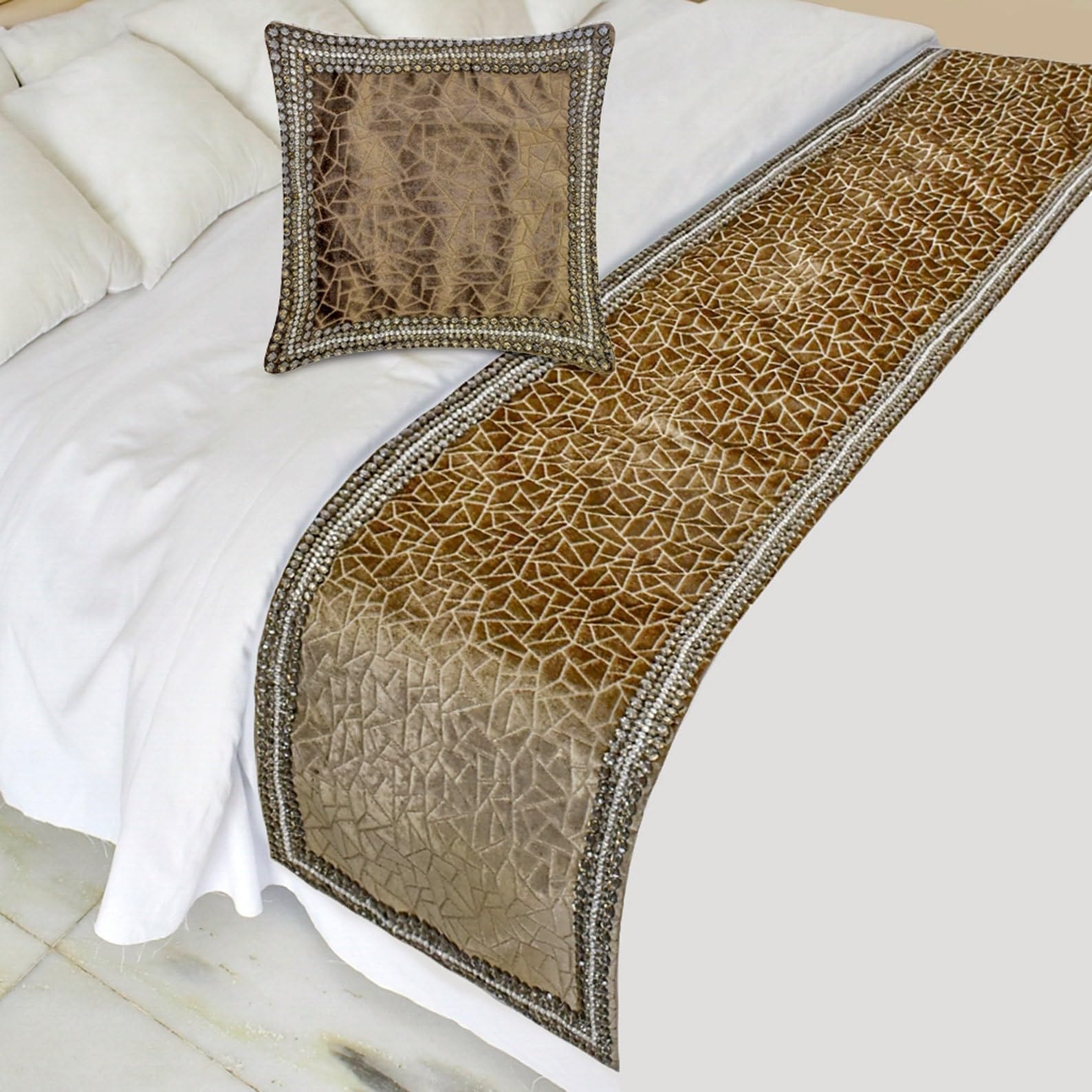 The HomeCentric King/Queen/Twin Brown Decorative Bed Runner Queen 185x45 cm Bed Runner WITHOUT Cushion Cover, Border, Crystal, Cut Velvet, Mosiac Pattern Bed Scarf on Velvet - Velvet Fusion