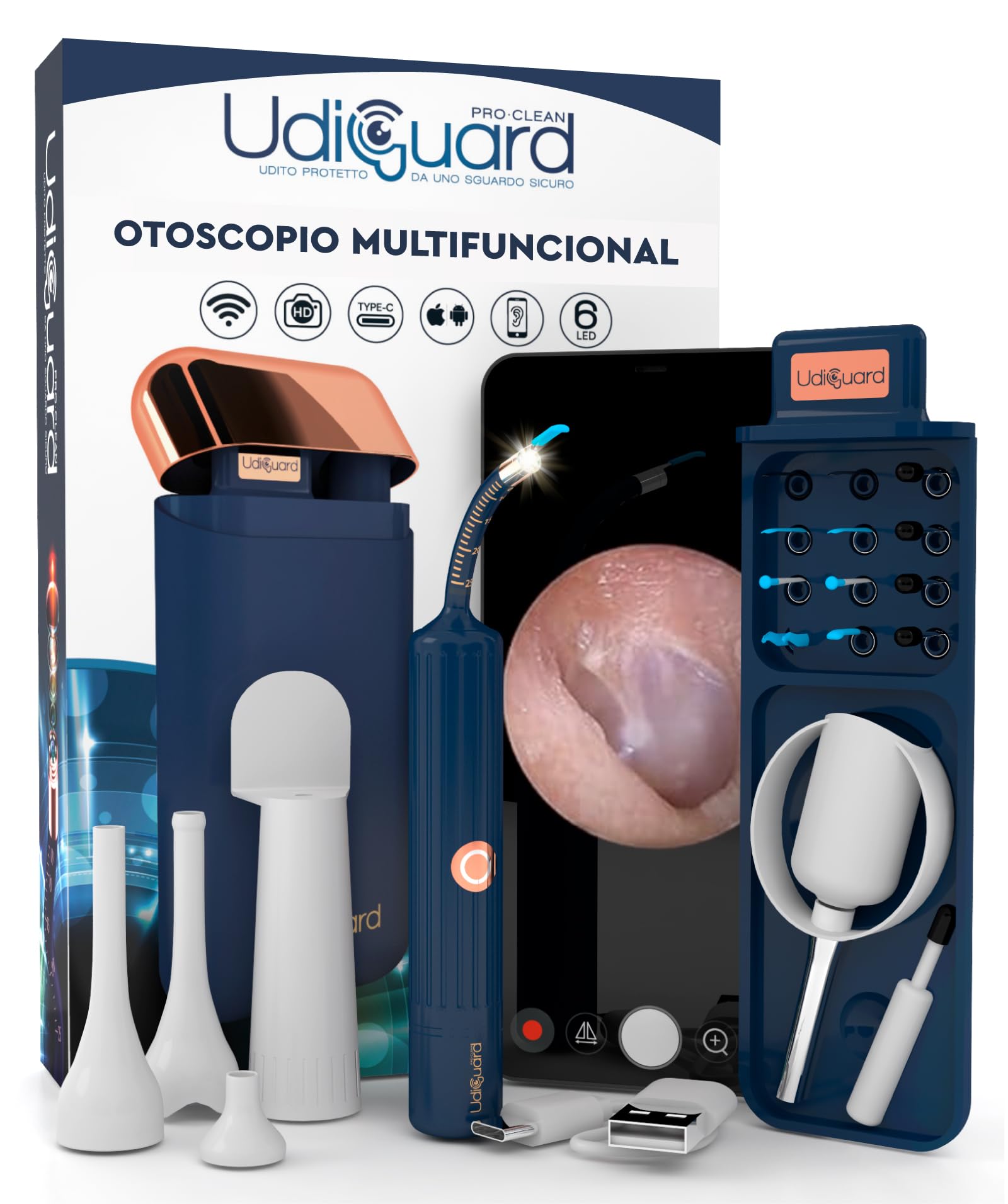 Otoscopio Limpiador de Oídos Endoscopio Digital Flexible UdiGuard Pro-Clean para Eliminación de Cerumen Cámara HD 10MP WiFi - Kit Otorrinolaringología con Pinzas y Puntas Reemplazables Adultos y Niños