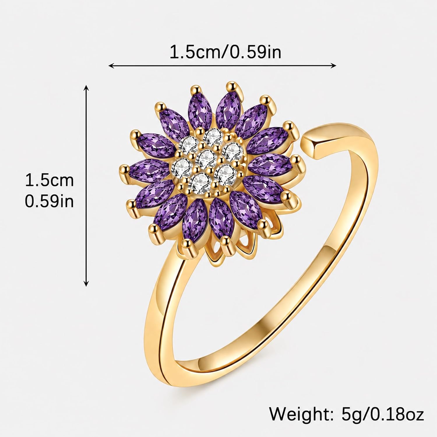 Sunflower Fidget Ring for Women Gold Anxiety Crystal Rings Cubic Zirconia Sunflower Open Adjustable Fidget Ring Spinner Sun Ring for Men Trendy Jewelry