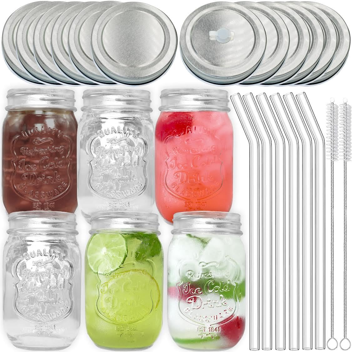 Mason - Tarros de vidrio sin asa, paquete de 6, tarros Mason con tapas selladas y con pajita, pajitas de vidrio y cepillos de limpieza, vasos para