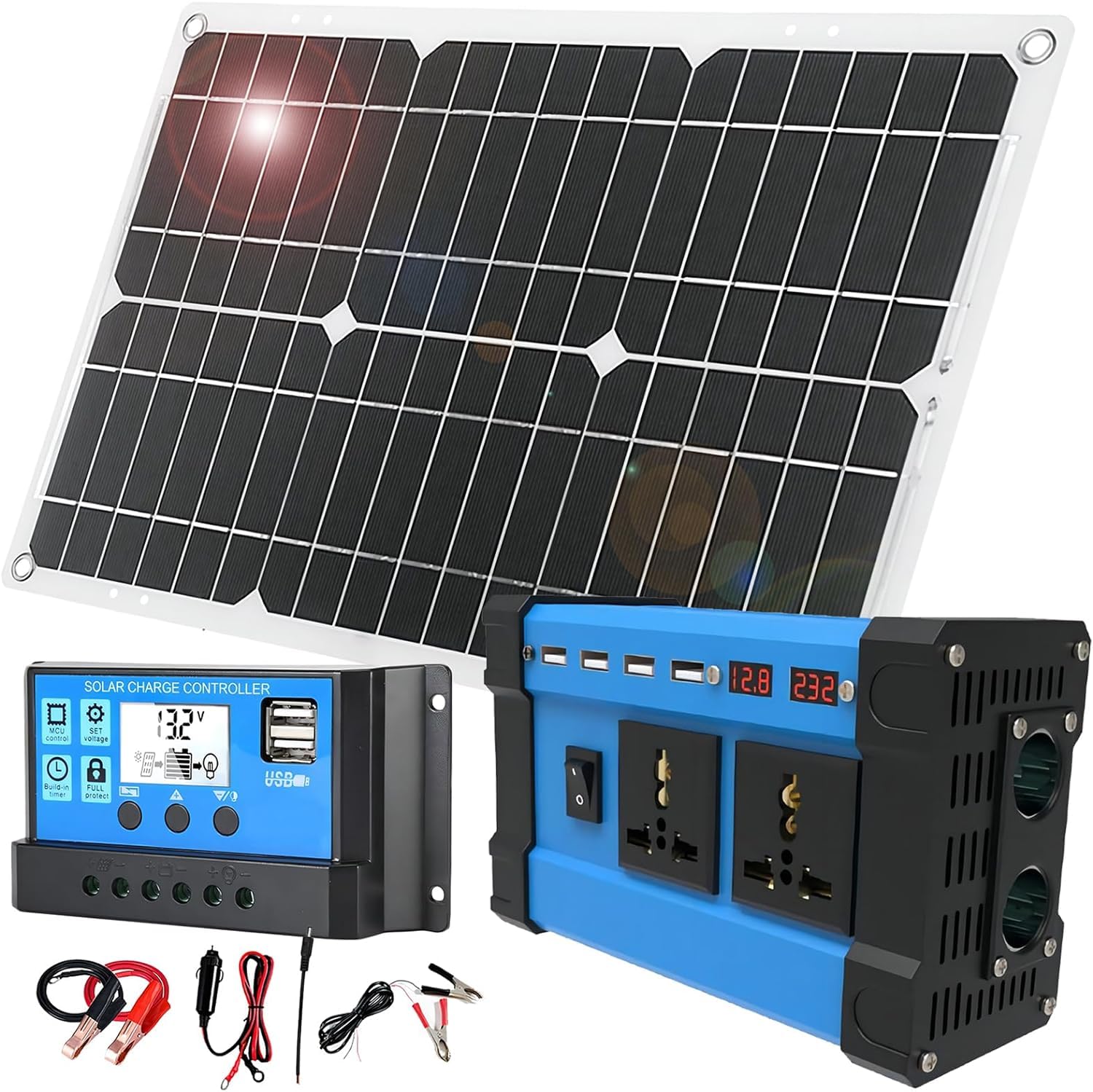 Kit de Panel Solar,500Watt Inversor de Coche/Regulador de Carga Pwm 30A/ Panel Solar Impermeable 18W, Kit de Panel Solar para Coche RV Barco Moto