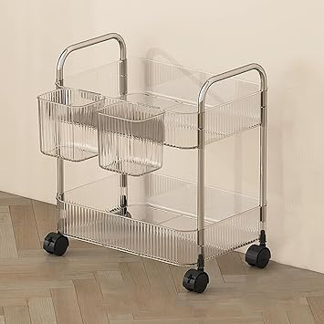 Rolling Storage Trolley Utility Mobile Organizer Shelves with Wheels &Hanging Basket Cart for Office Bathroom Kitchen,2 Tier