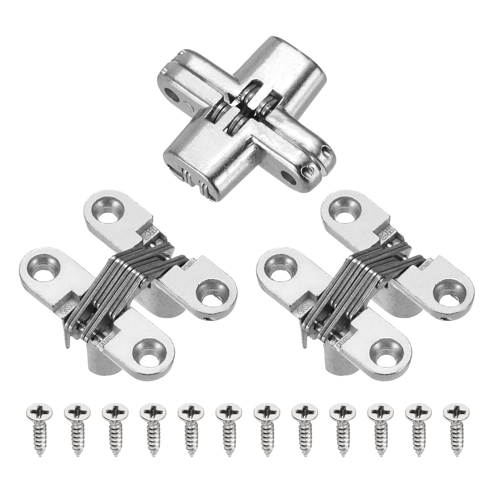 sourcing map 3Pcs Hidden Cabinet Door Hinges, 1.65" x 0.49" 180 Degree Cross Concealed Hinge for Wooden Box Invisible Door, Silver