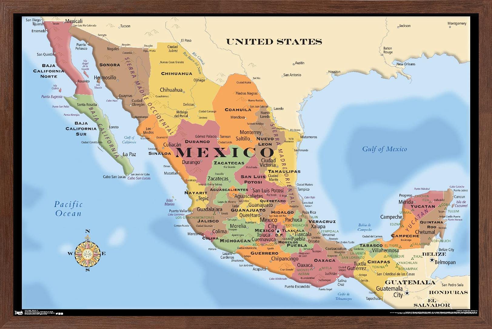 Trends International Map - Mexico Wall Poster, 14.725" x 22.375", Mahogany Framed Version