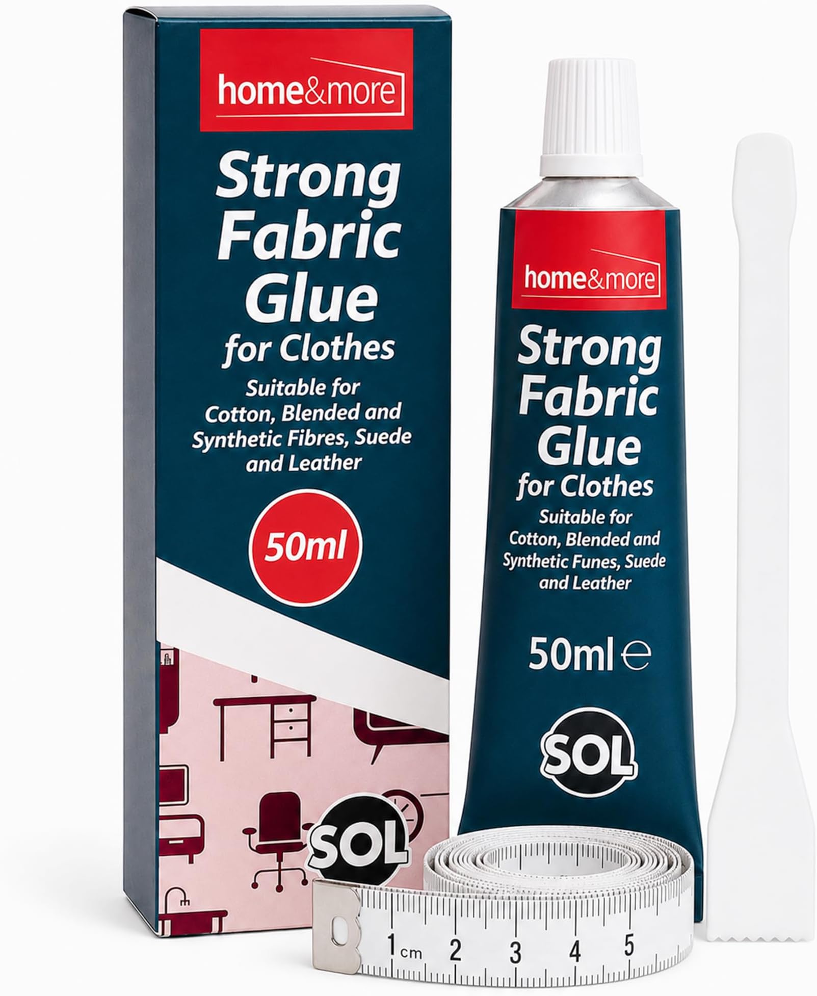 SOL 1pk Strong Fabric Glue for Clothes - 50ml Waterproof Fabric Adhesive with Spreader & Tape Measure - Textile Glue for Badges, Patches, Leather & Upholstery - 1pk x 50ml