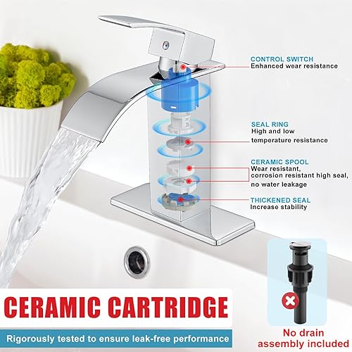 Miniatura 5 de Midanya Grifo de lavabo de baño con boquilla de cascada pulido cromado de un solo mango 1 orificio para lavabo grifo mezclador de agua caliente y
