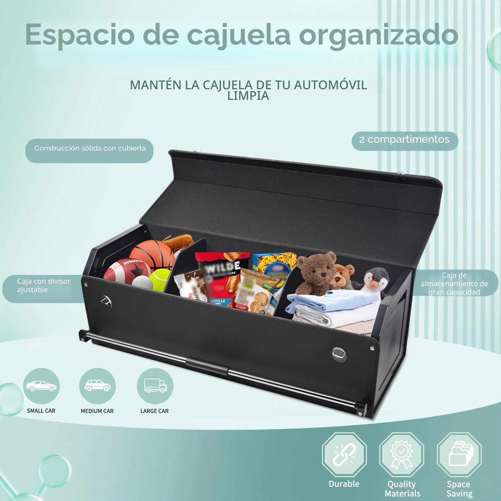 Organizador de Maletero de Gran Capacidad 94L para Coches y SUVs - Caja de Almacenamiento con Tapa, Asa Robusta y Base Antideslizante - Compartimento Extraíble(Negro, 105 x 29 x 31cm)