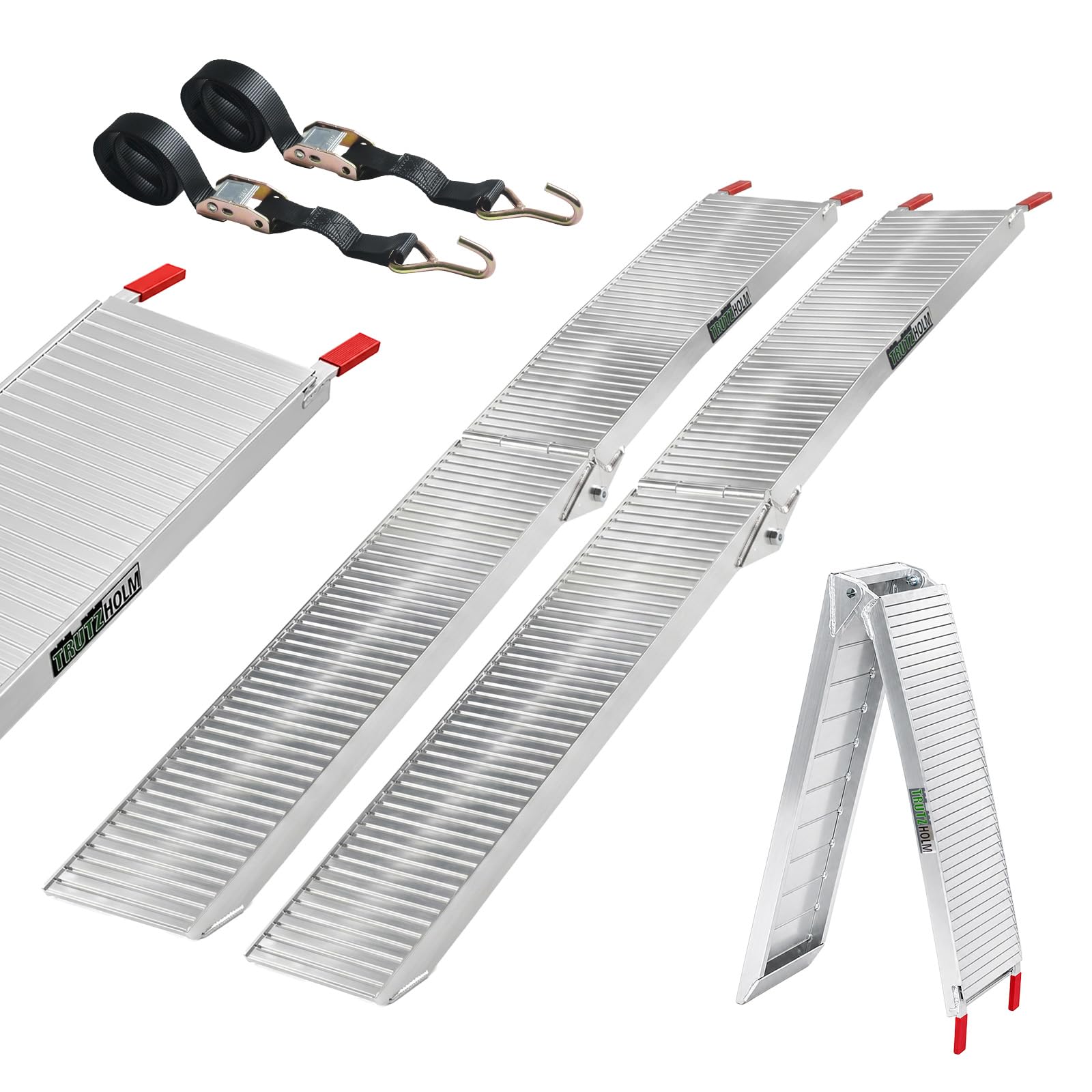 TRUTZHOLM 2x Auffahrrampe Alu klappbar 205 cm 340 kg Traglast je Rampe rutschfeste Lauffläche Breite 28 cm faltbare Motorradrampe extra leicht Verladerampe mit stabiler Konstruktion inkl. 2x Spanngurt