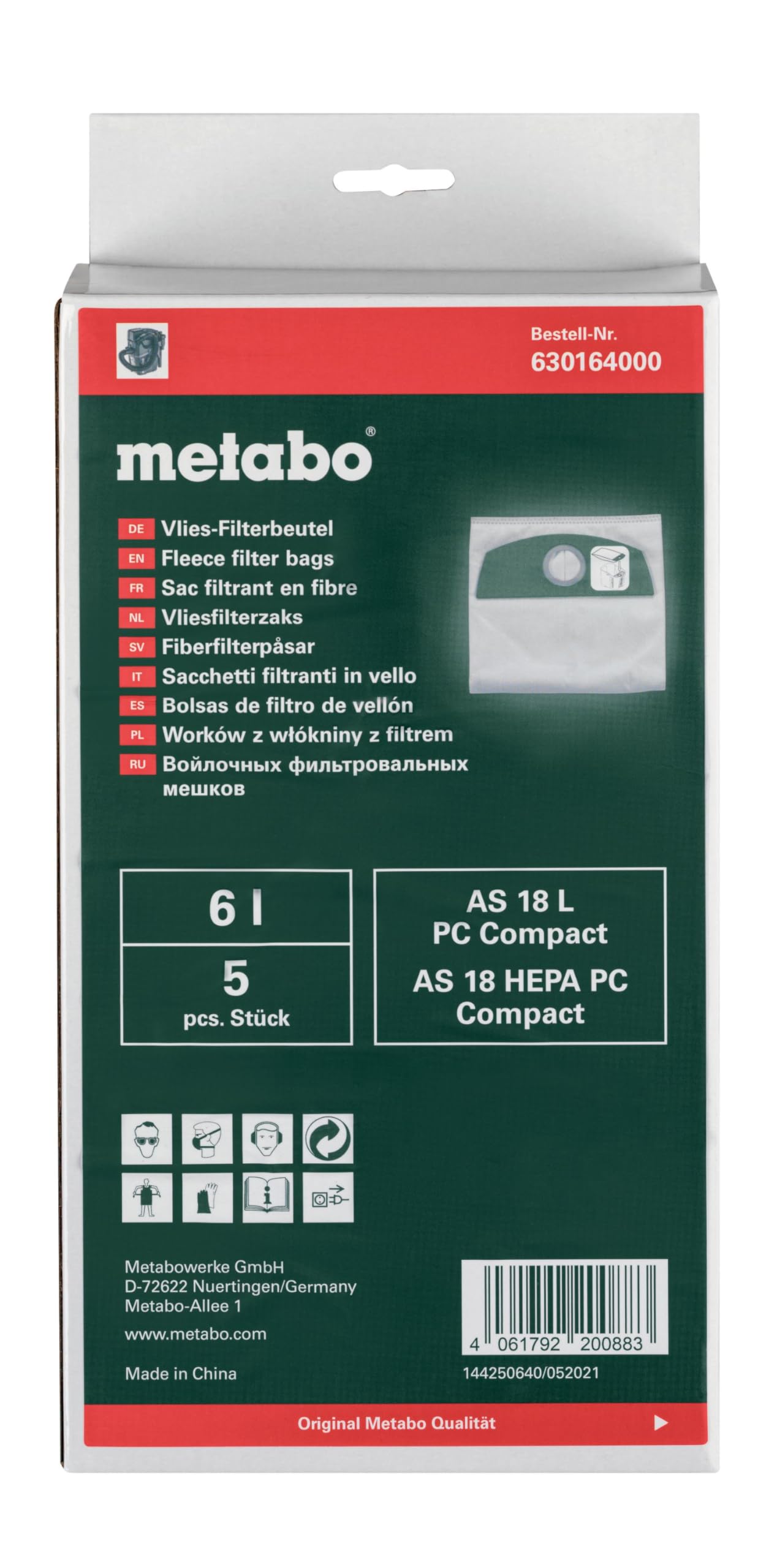 Metabo 630164000 worki filtracyjne z włókniny, 5 szt.